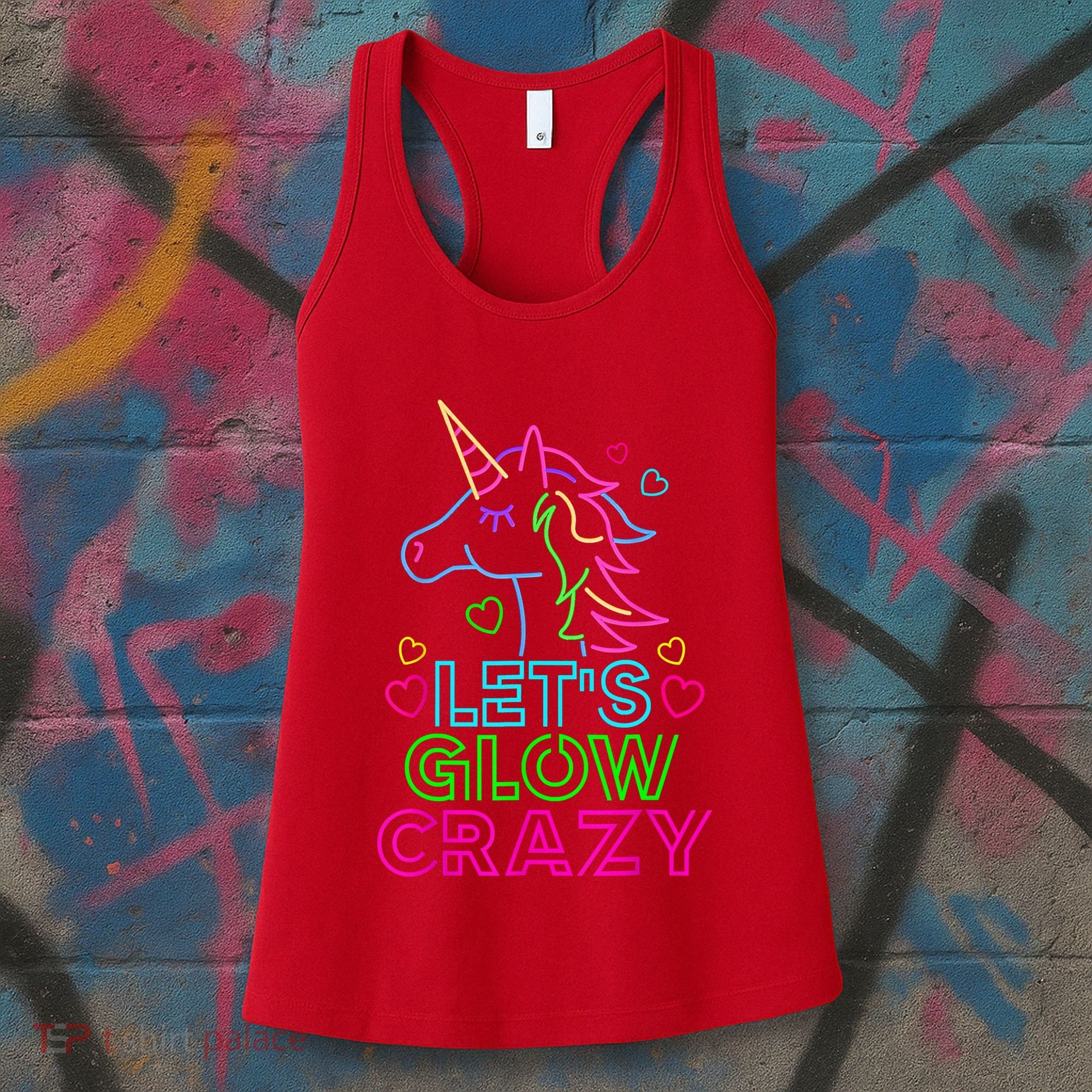 Let's Glow Crazy Glow Party 80s Retro Unicorn Costume Funny Women's Tank Top