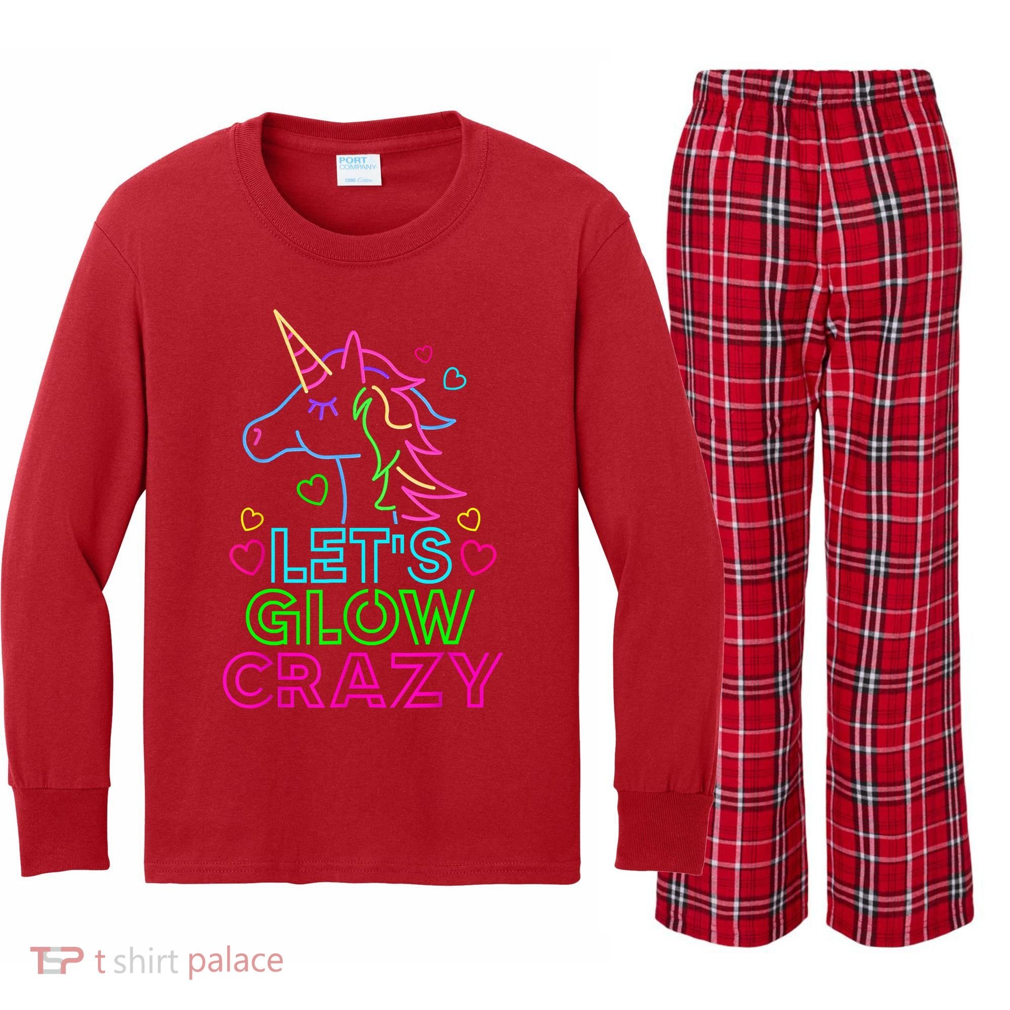 Let's Glow Crazy Glow Party 80s Retro Unicorn Costume Funny Kids Long Sleeve Plaid Pajama Set