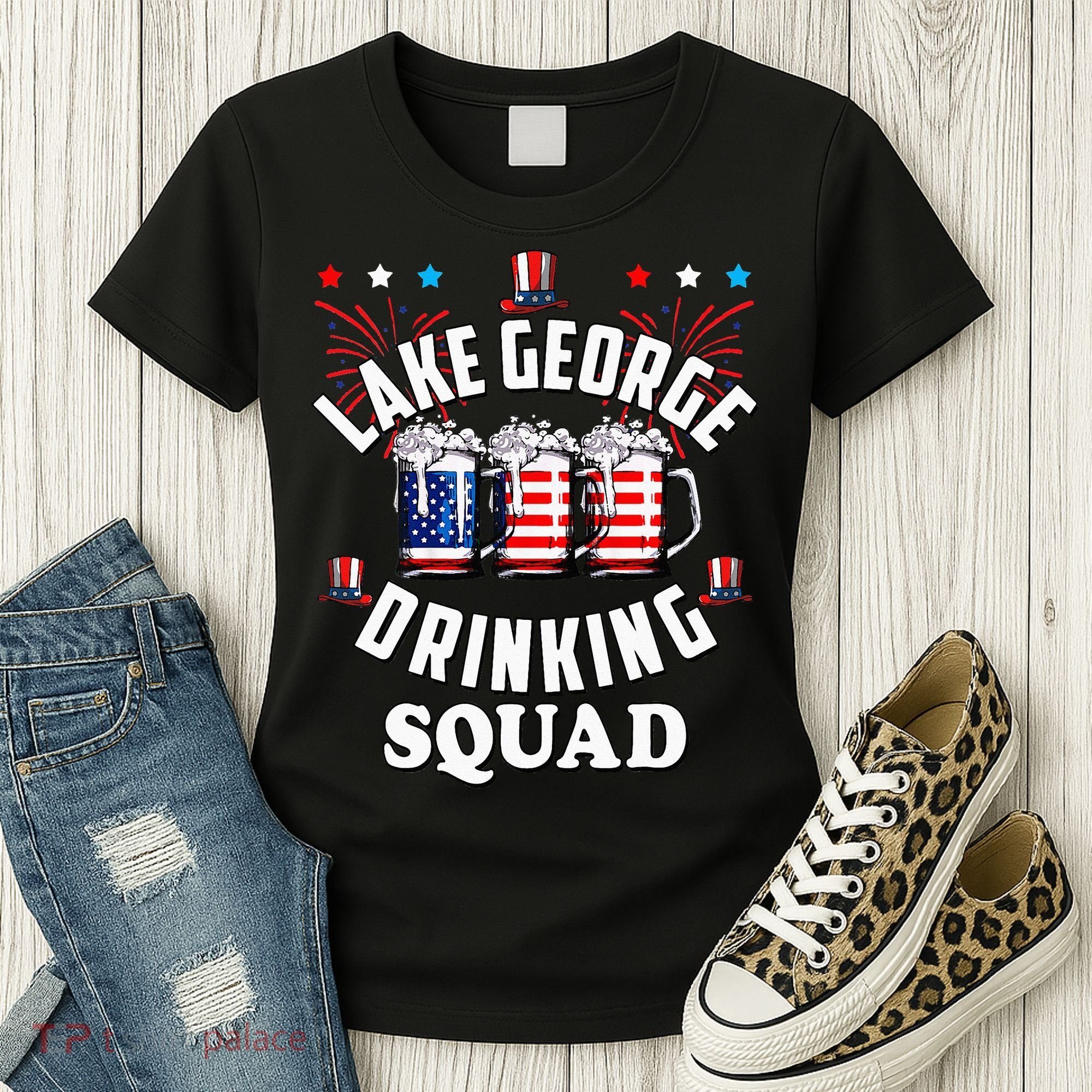 lake george drinking squad 4th of july usa flag beer Women's T-Shirt