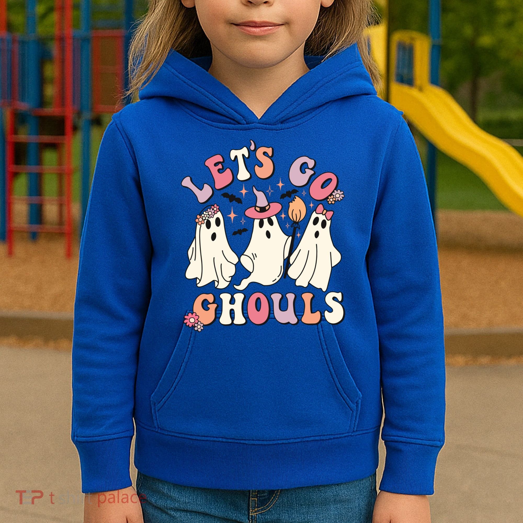 Let's Go Ghouls Funny Halloween Cute Groovy Ghost Retro Gift Kids Hoodie
