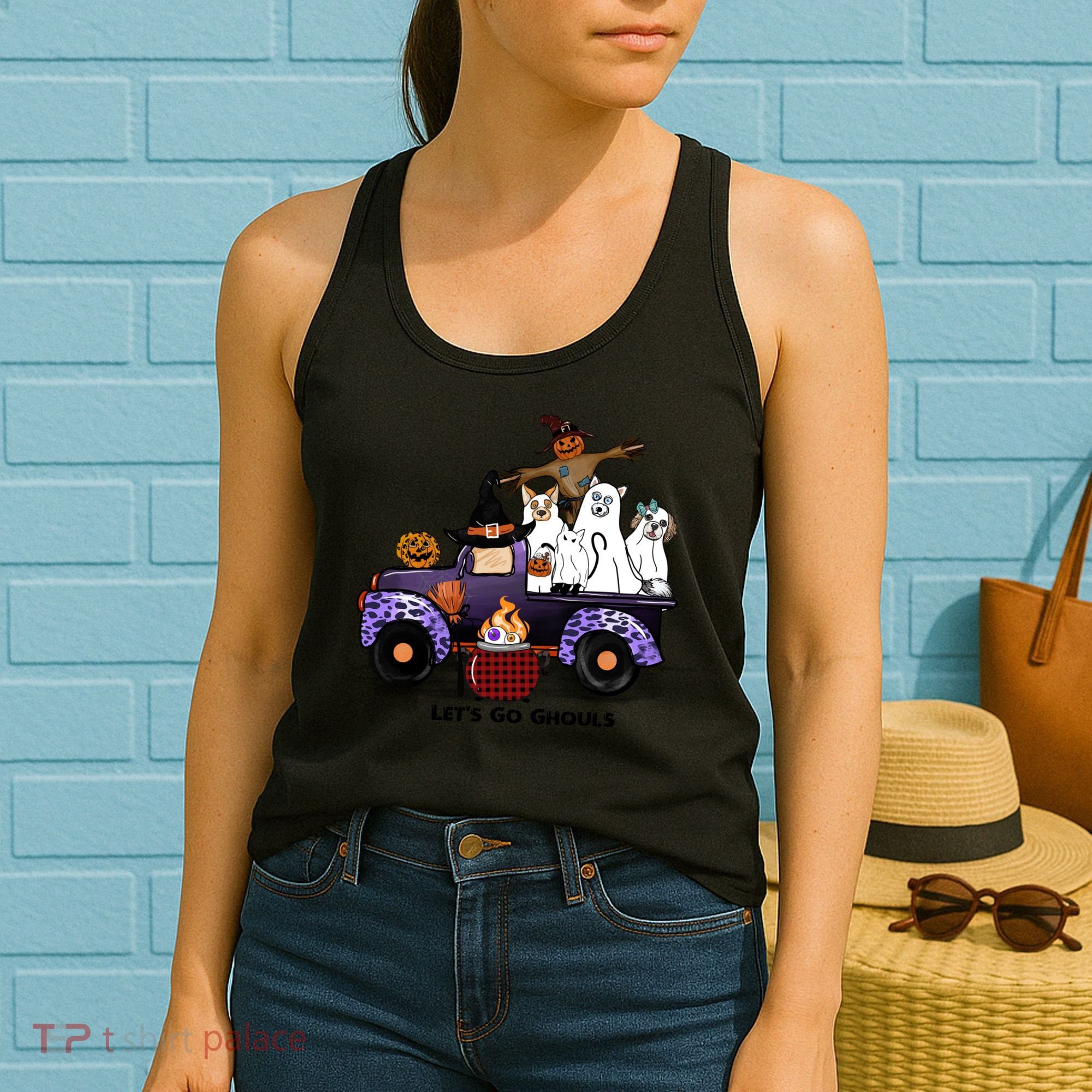 Let's Go Ghouls On Truck Funny Halloween Boo Witch Hat Cats Pumpkin Graphic Women's Tank Top