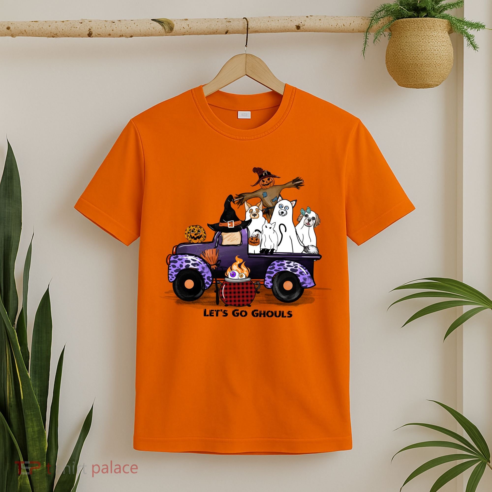 Let's Go Ghouls On Truck Funny Halloween Boo Witch Hat Cats Pumpkin Graphic T-Shirt