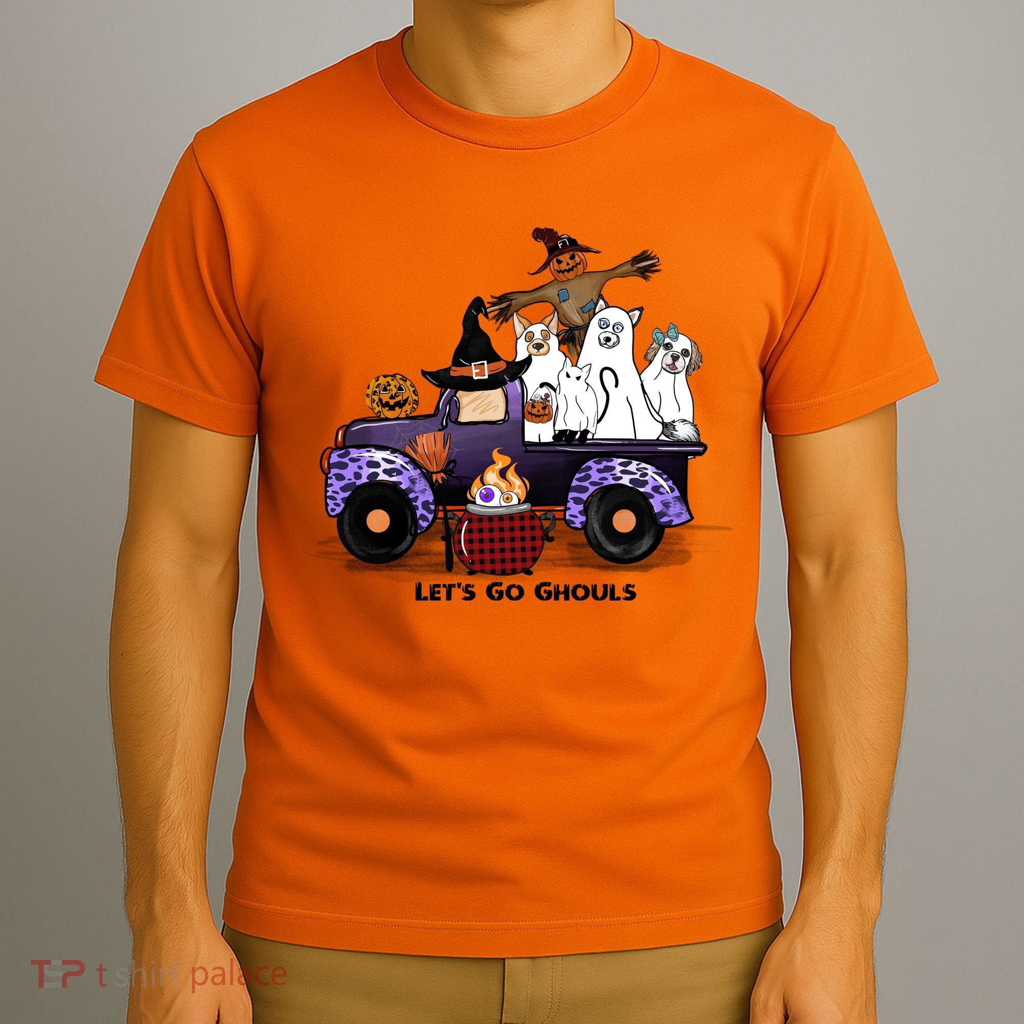Let's Go Ghouls On Truck Funny Halloween Boo Witch Hat Cats Pumpkin Graphic T-Shirt
