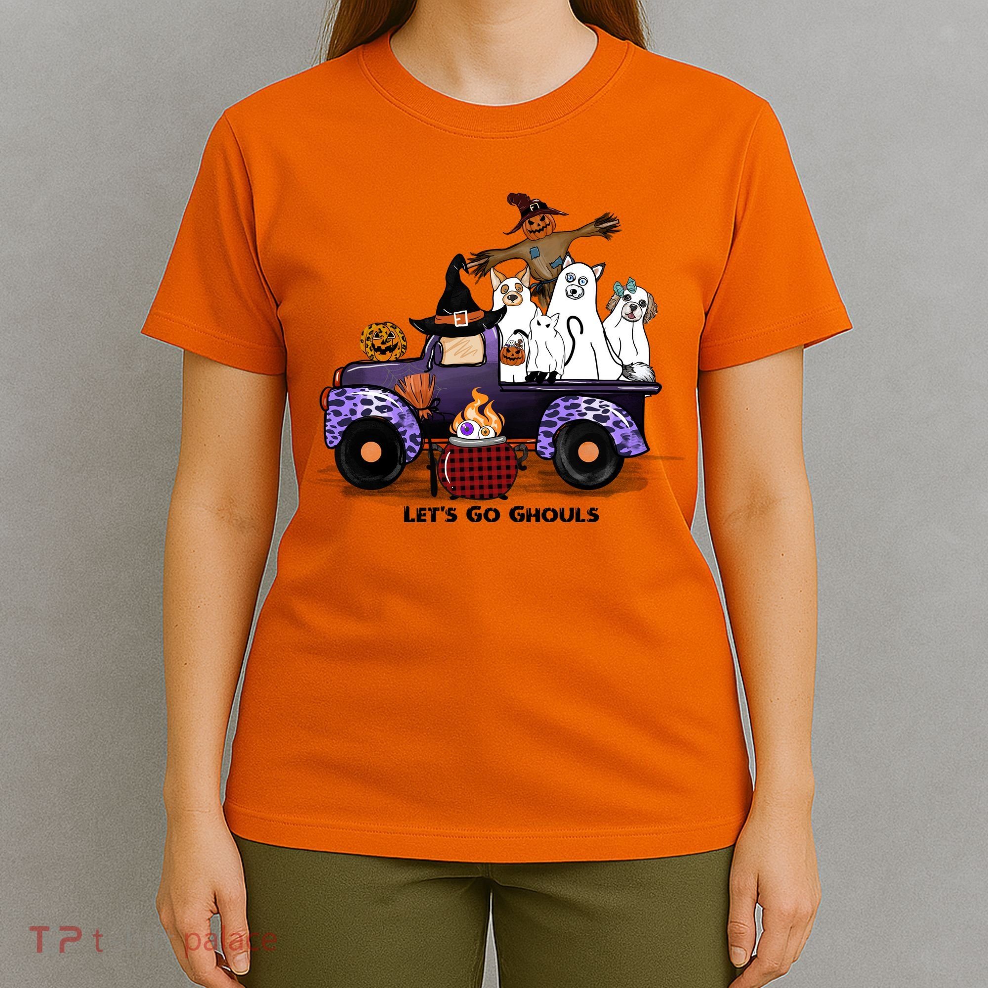 Let's Go Ghouls On Truck Funny Halloween Boo Witch Hat Cats Pumpkin Graphic T-Shirt