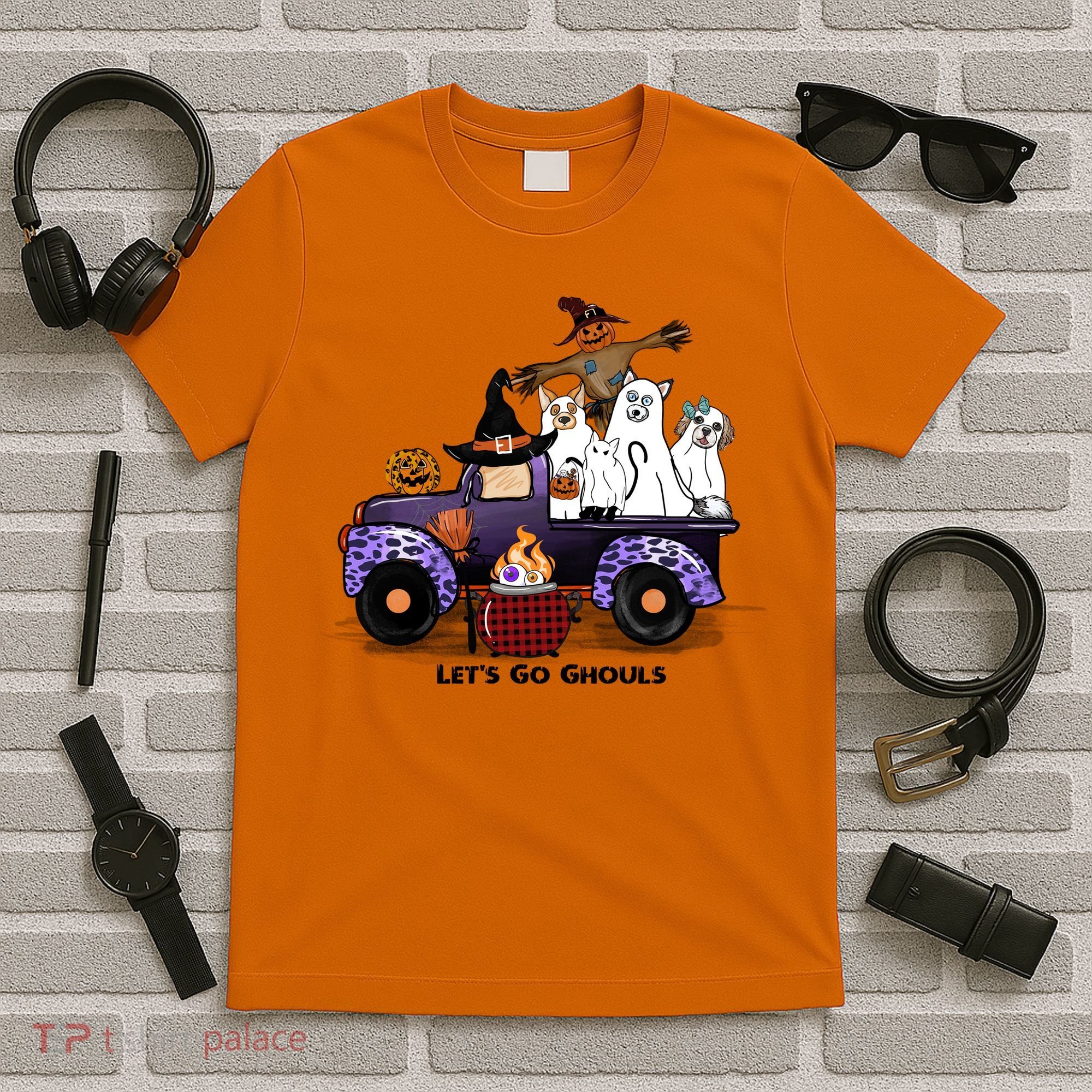 Let's Go Ghouls On Truck Funny Halloween Boo Witch Hat Cats Pumpkin Graphic T-Shirt