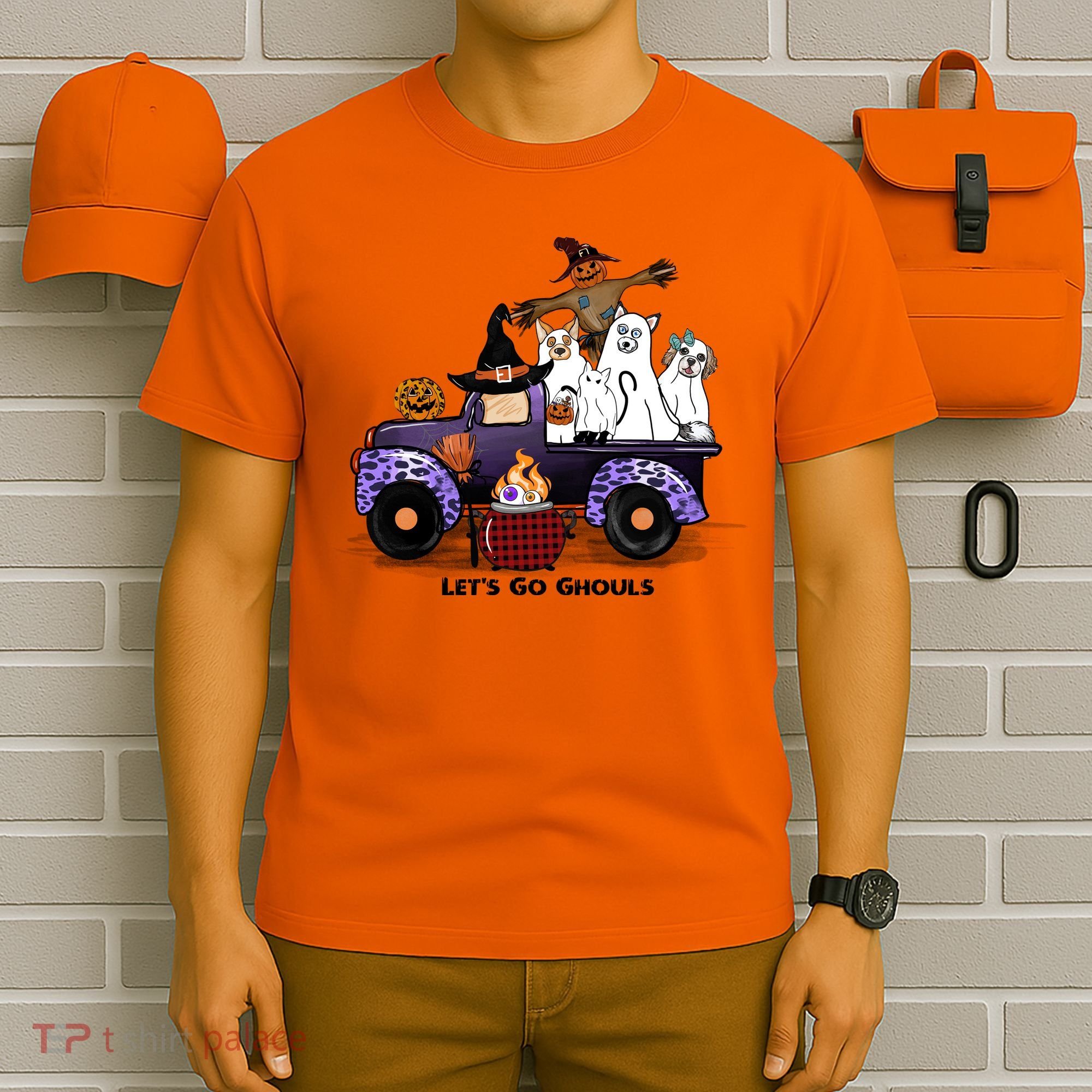 Let's Go Ghouls On Truck Funny Halloween Boo Witch Hat Cats Pumpkin Graphic T-Shirt
