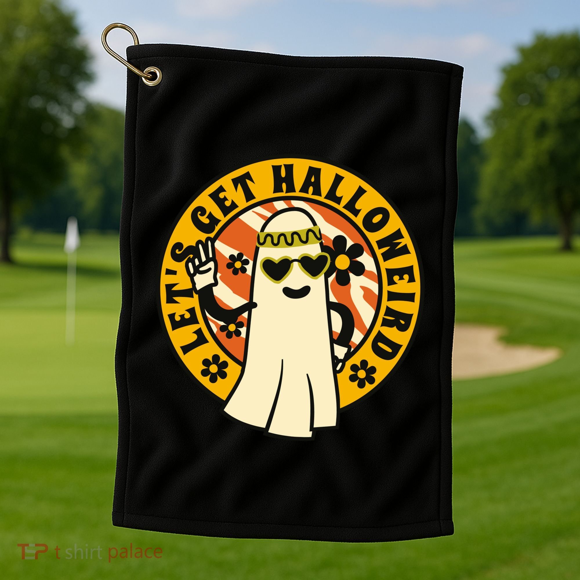 Let's Get Halloweird 60s Hippie Ghost Halloween Golf Towel