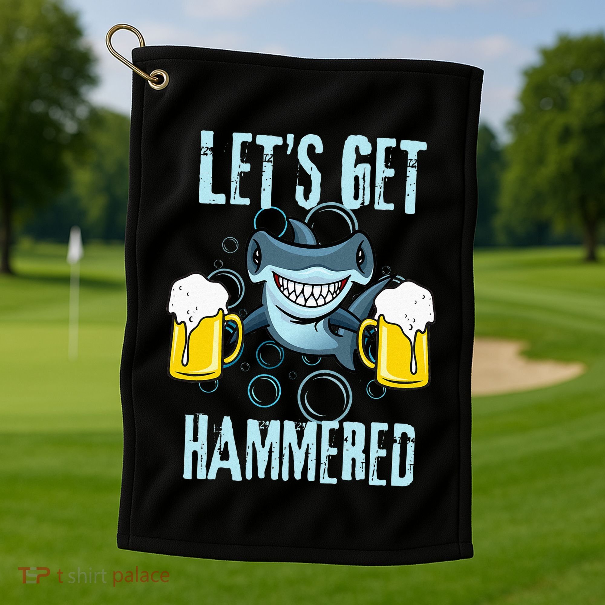 Let’s Get Hammered All Week Funny Hammerhead Shark Pun Party Golf Towel