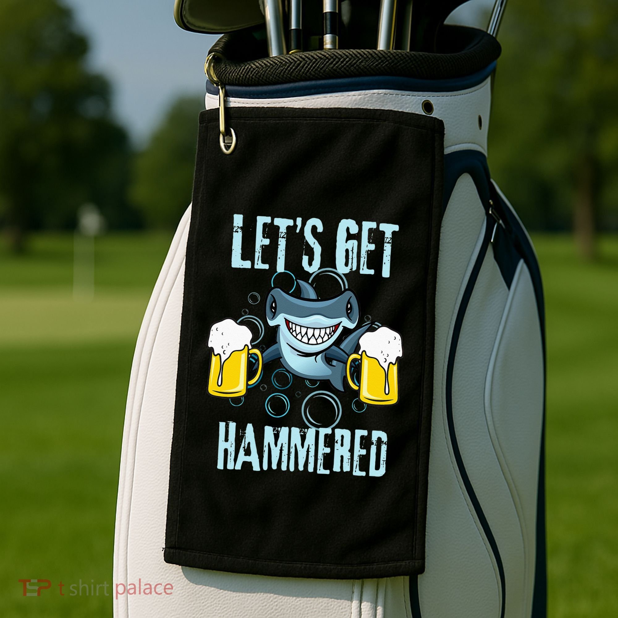 Let’s Get Hammered All Week Funny Hammerhead Shark Pun Party Golf Towel