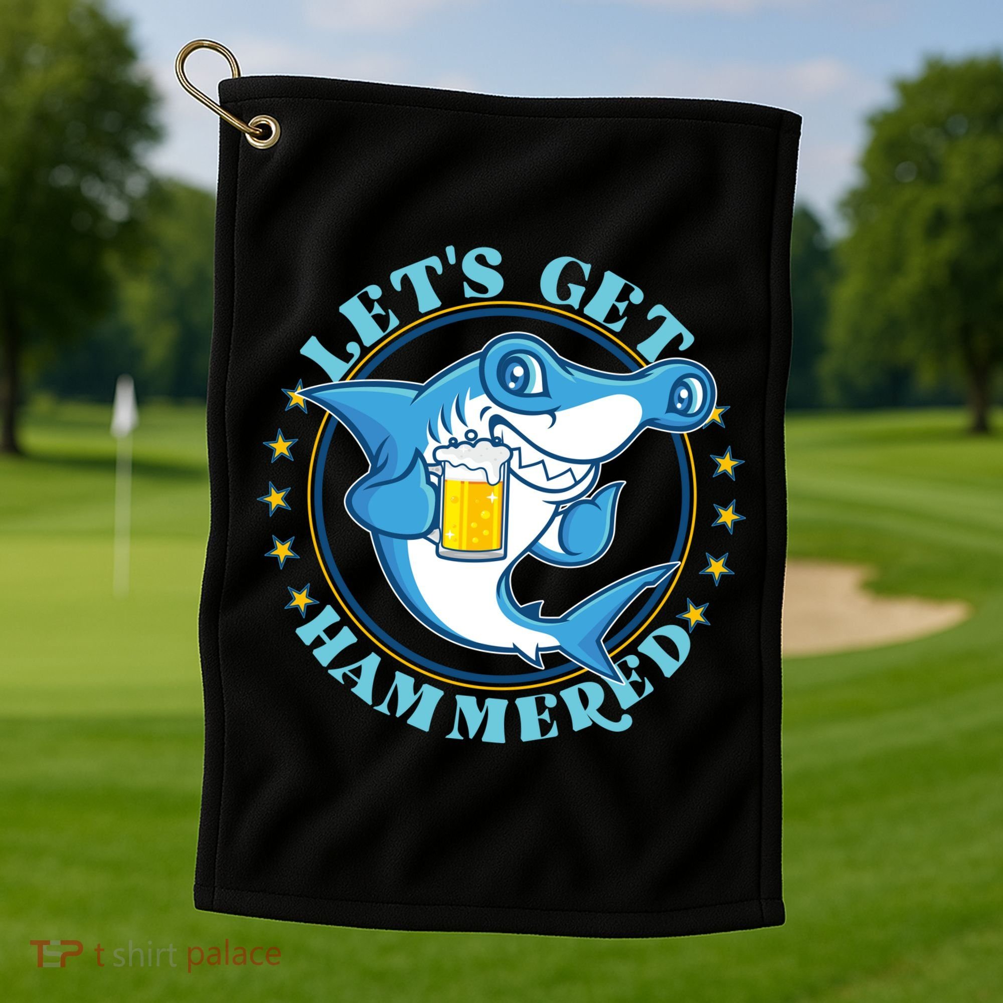 Let's Get Hammered Hammerhead Shark Beer Golf Towel