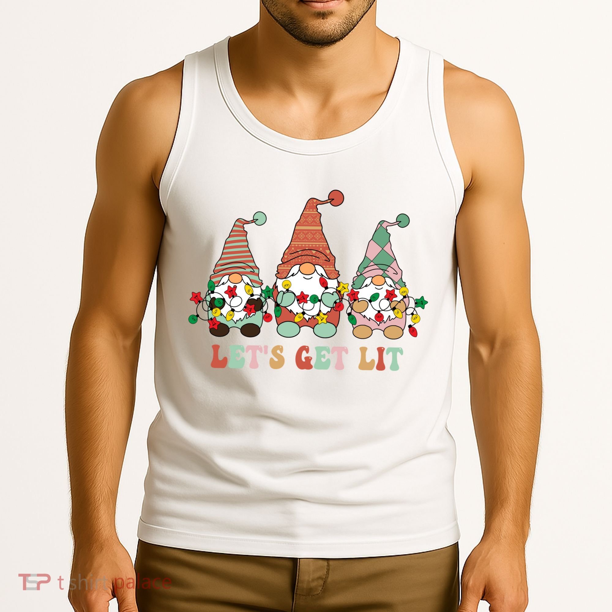 Let's Get Lit Christmas Gnome Lights Funny Xmas Gift Tank Top