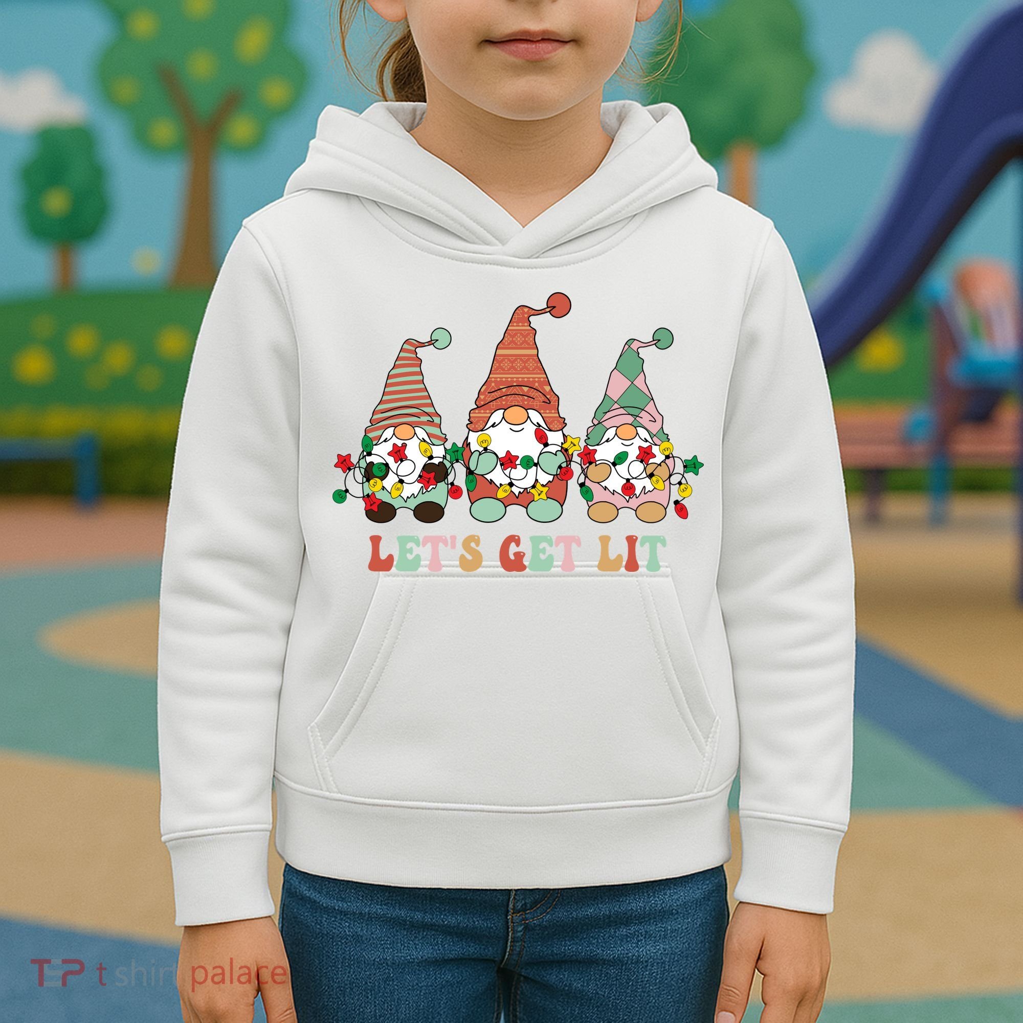 Let's Get Lit Christmas Gnome Lights Funny Xmas Gift Kids Hoodie