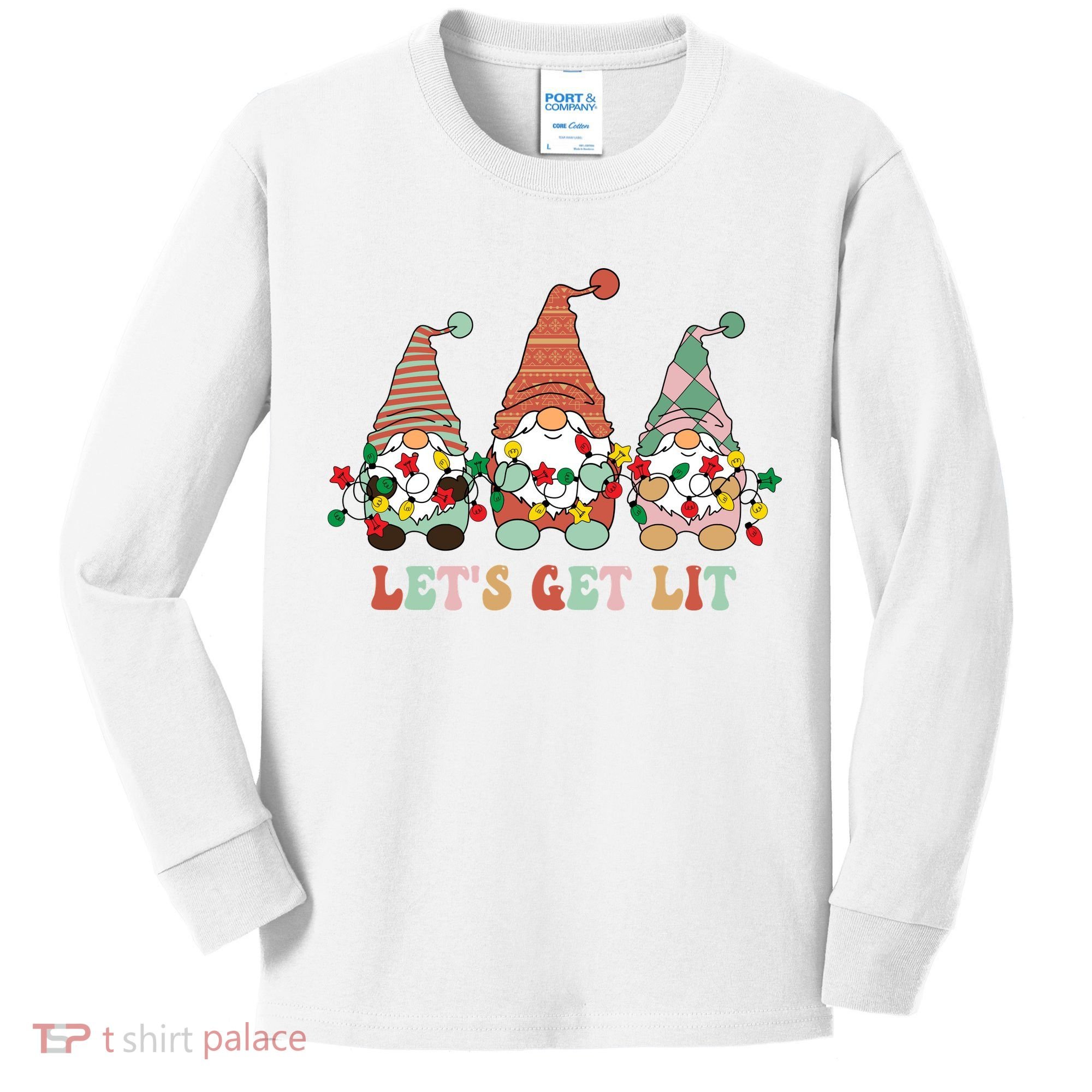 Let's Get Lit Christmas Gnome Lights Funny Xmas Gift Kids Long Sleeve Shirt