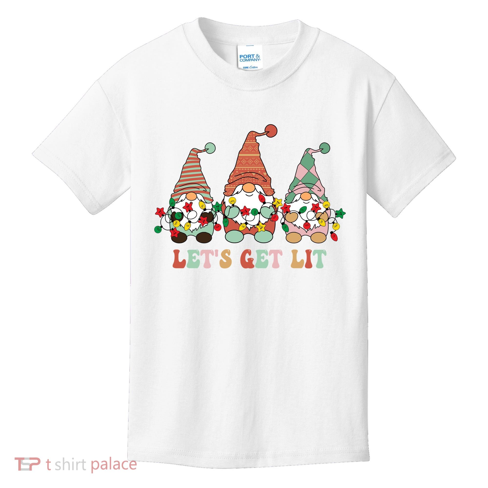 Let's Get Lit Christmas Gnome Lights Funny Xmas Gift Kids T-Shirt