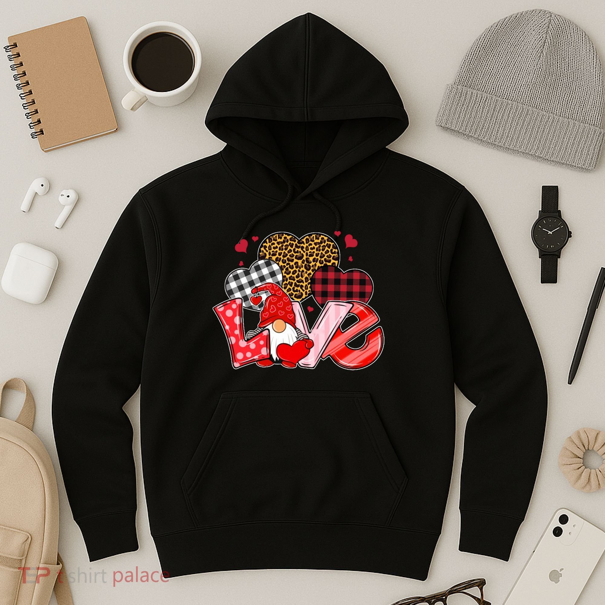 Love Gnome Leopard Checkered Pattern Hoodie