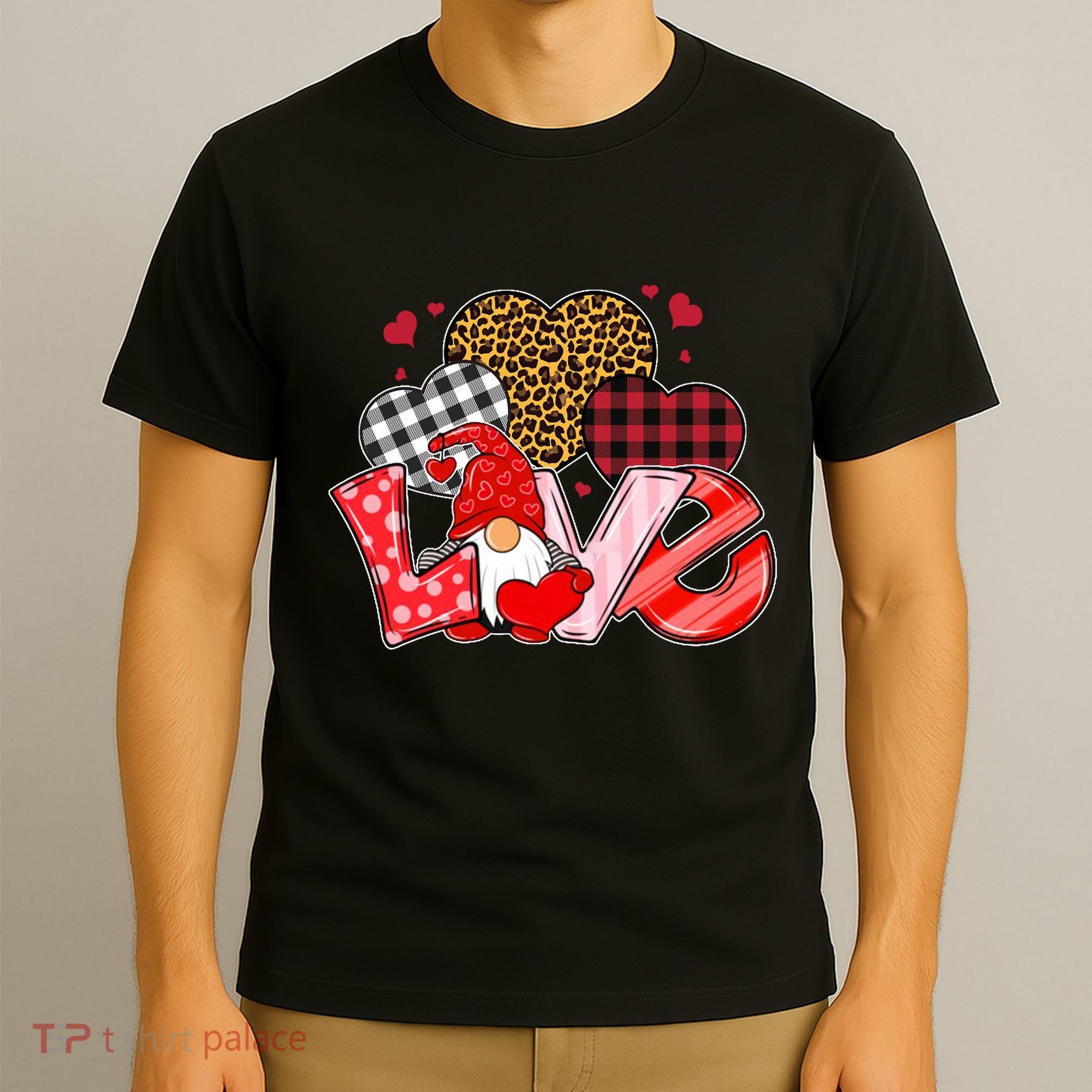 Love Gnome Leopard Checkered Pattern T-Shirt
