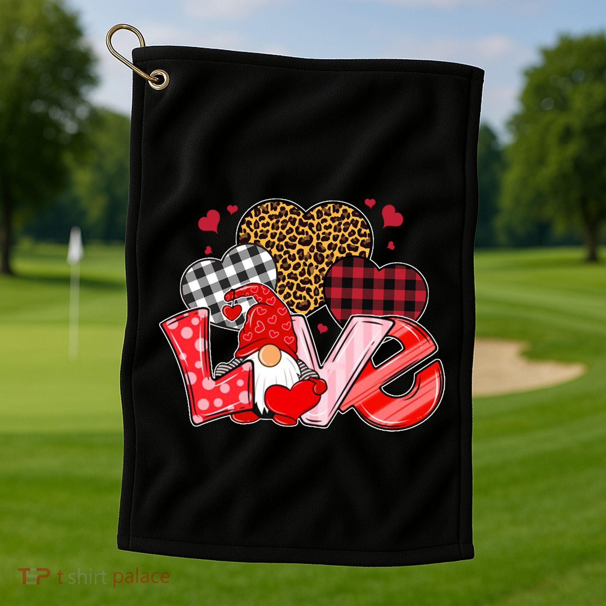 Love Gnome Leopard Checkered Pattern Golf Towel