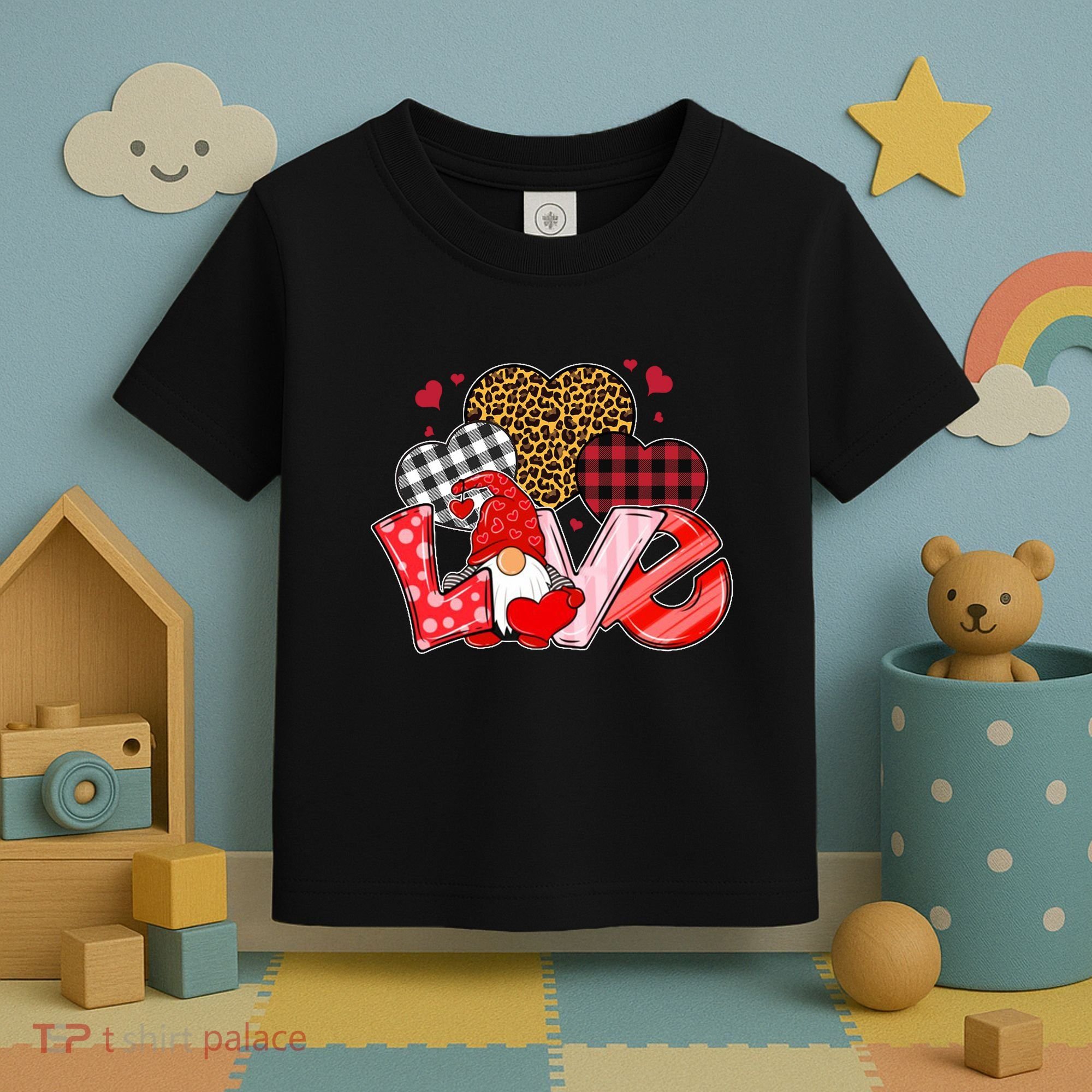 Love Gnome Leopard Checkered Pattern Toddler T-Shirt