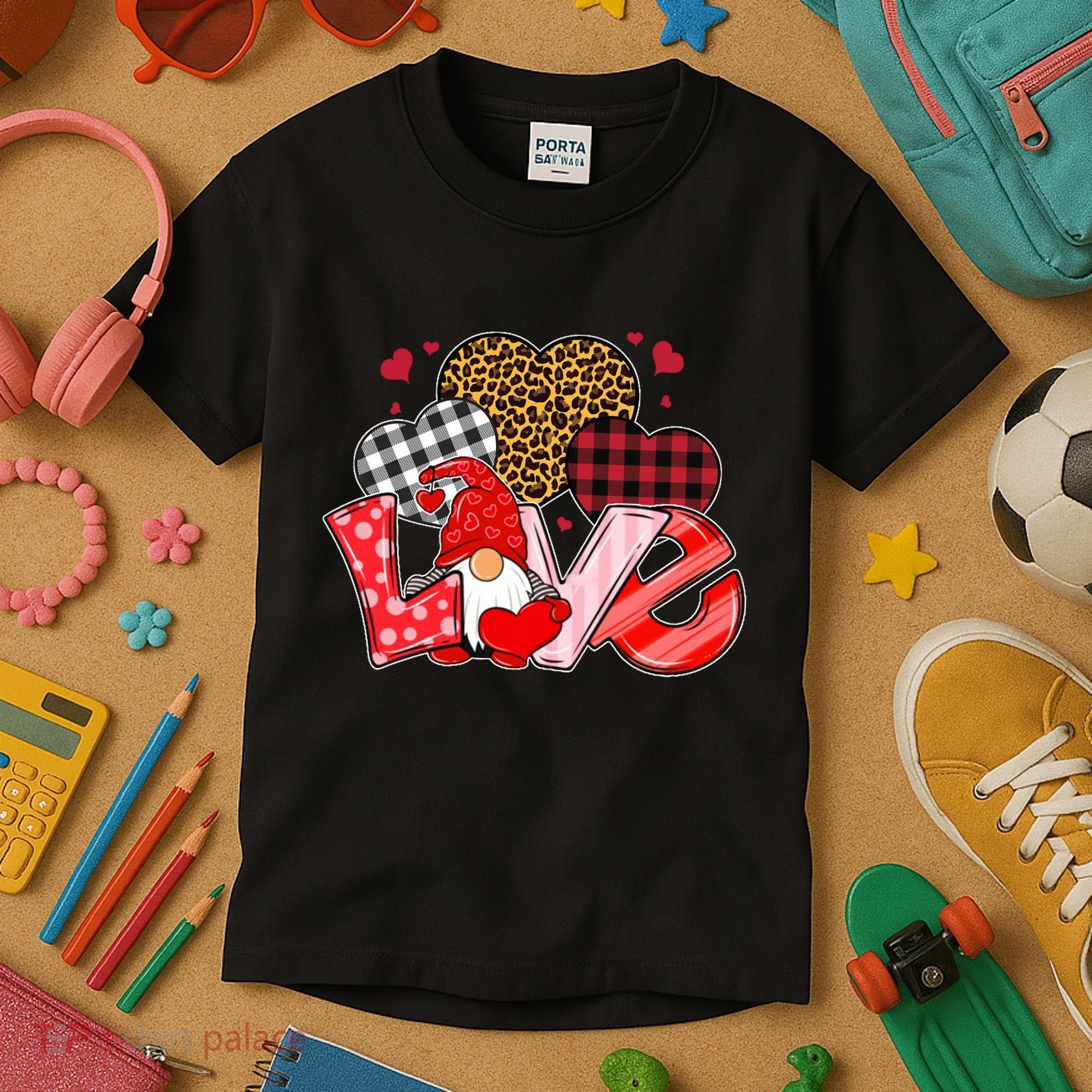 Love Gnome Leopard Checkered Pattern Kids T-Shirt