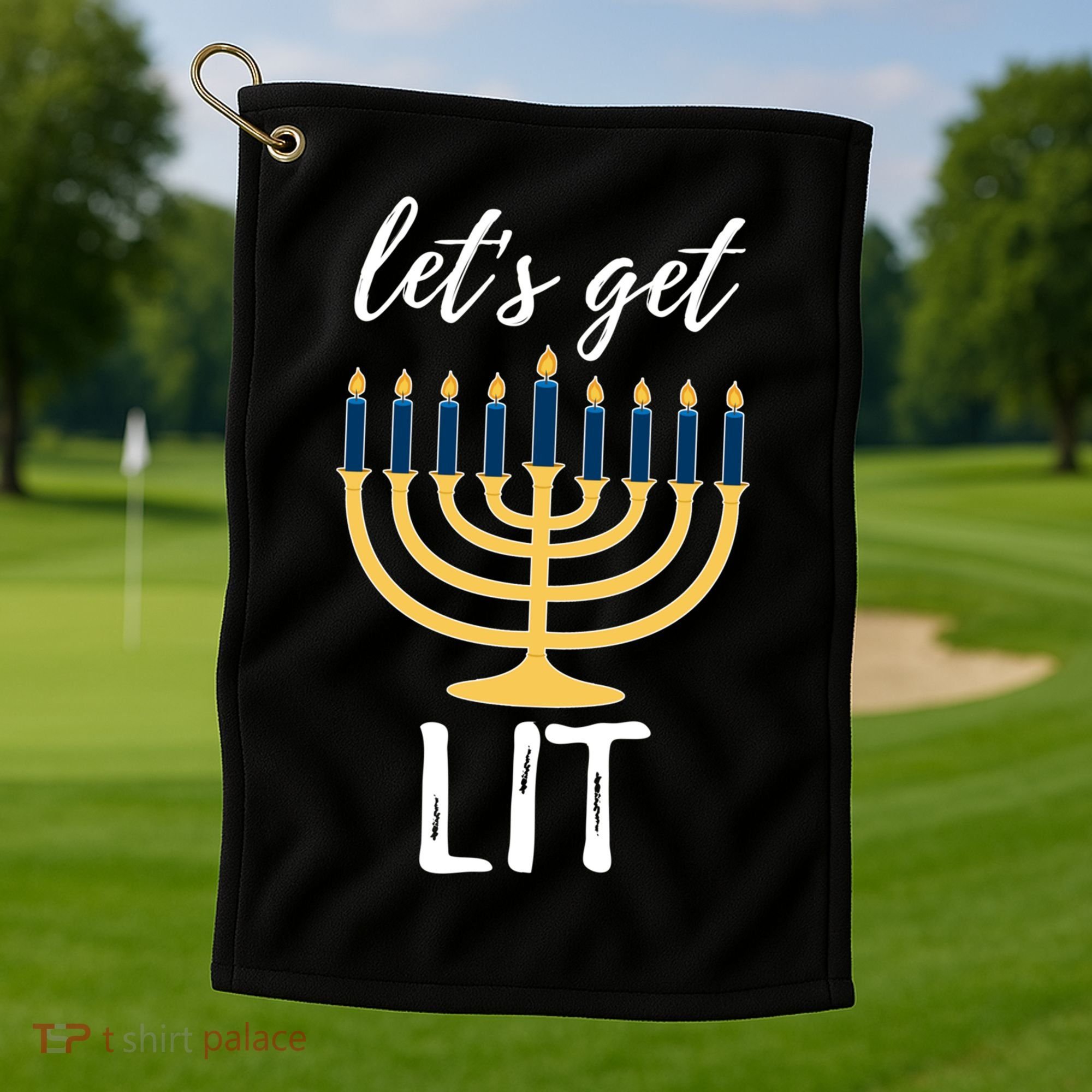 Let's Get Lit Funny Hanukkah Menorah Candles Jewish Gift Golf Towel