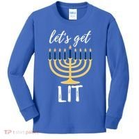 Let's Get Lit Funny Hanukkah Menorah Candles Jewish Gift Kids Long Sleeve Shirt thumb 0