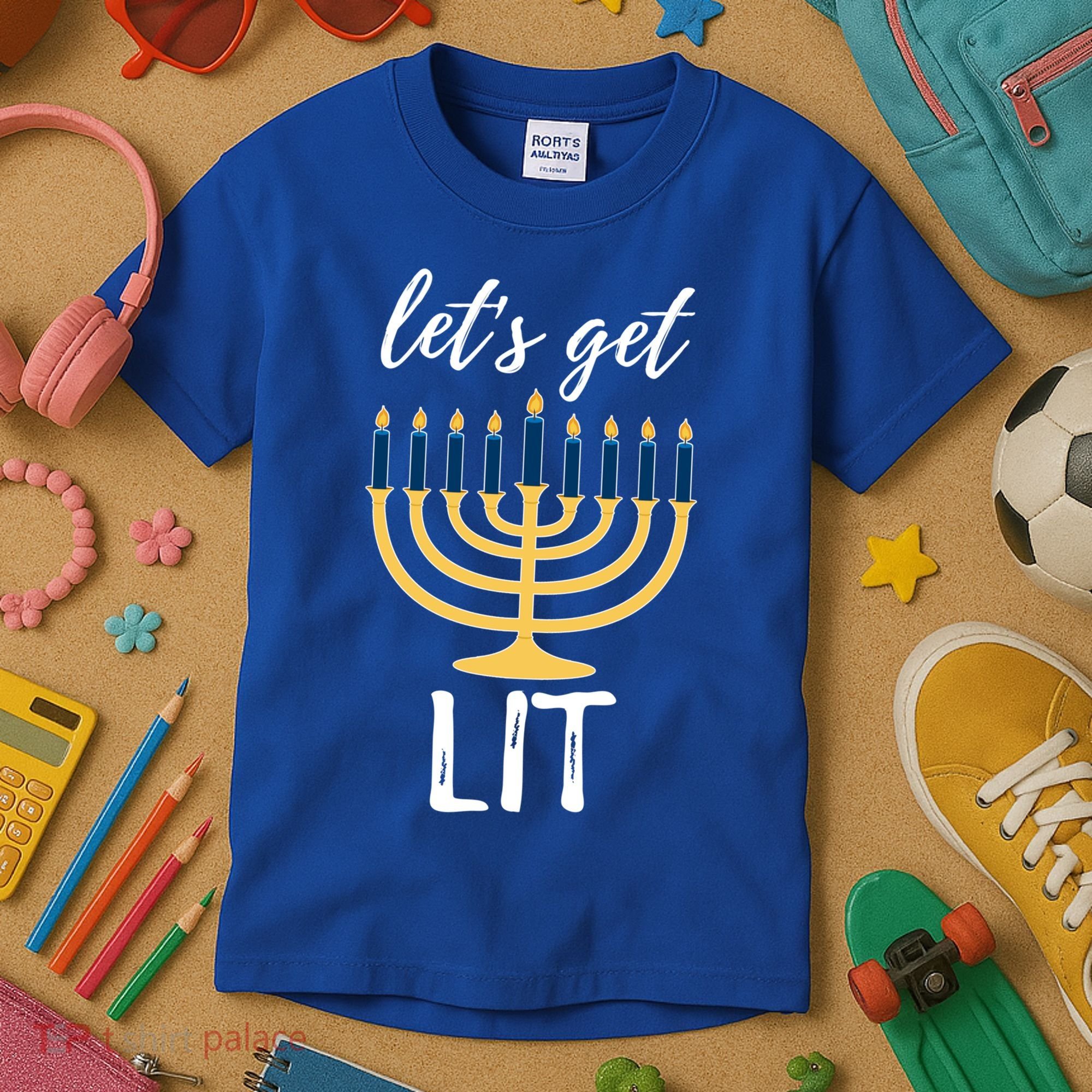 Let's Get Lit Funny Hanukkah Menorah Candles Jewish Gift Kids T-Shirt