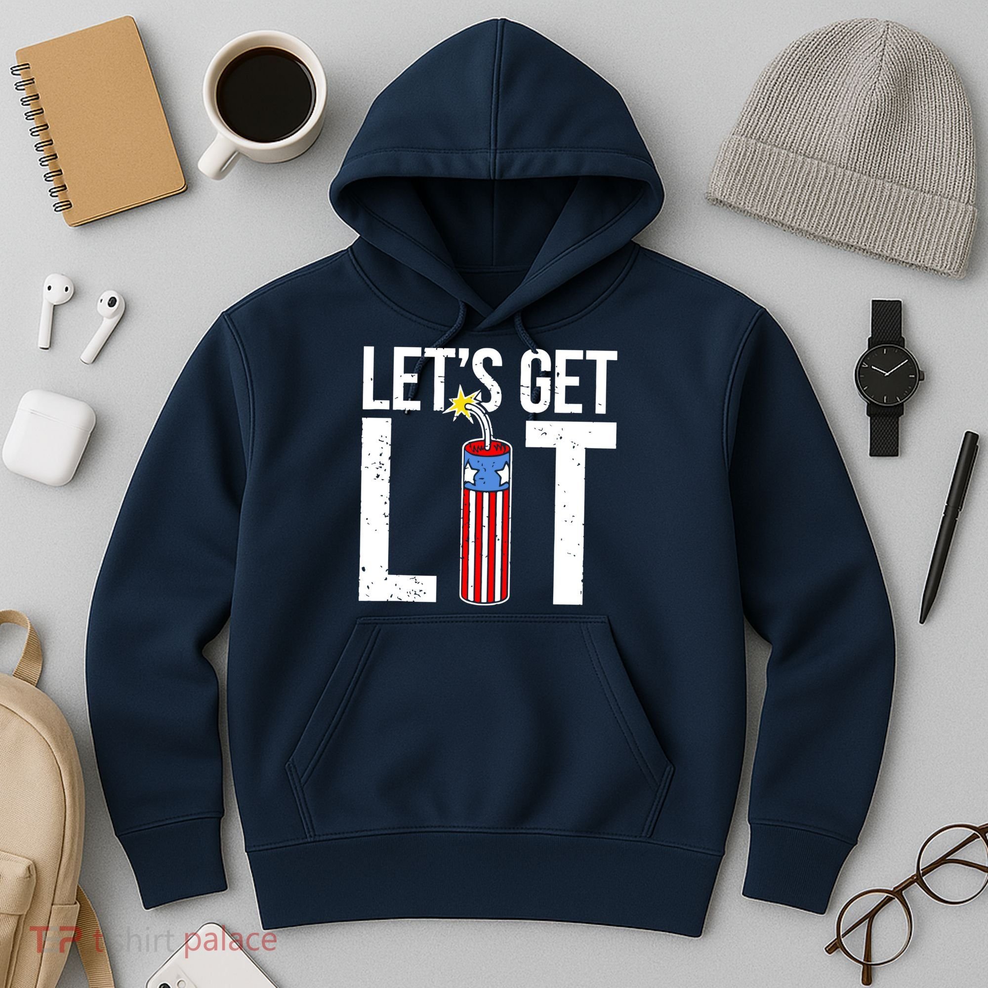 Lets Get Lit Fireworks 4th Of July Merica USA Flag Hoodie
