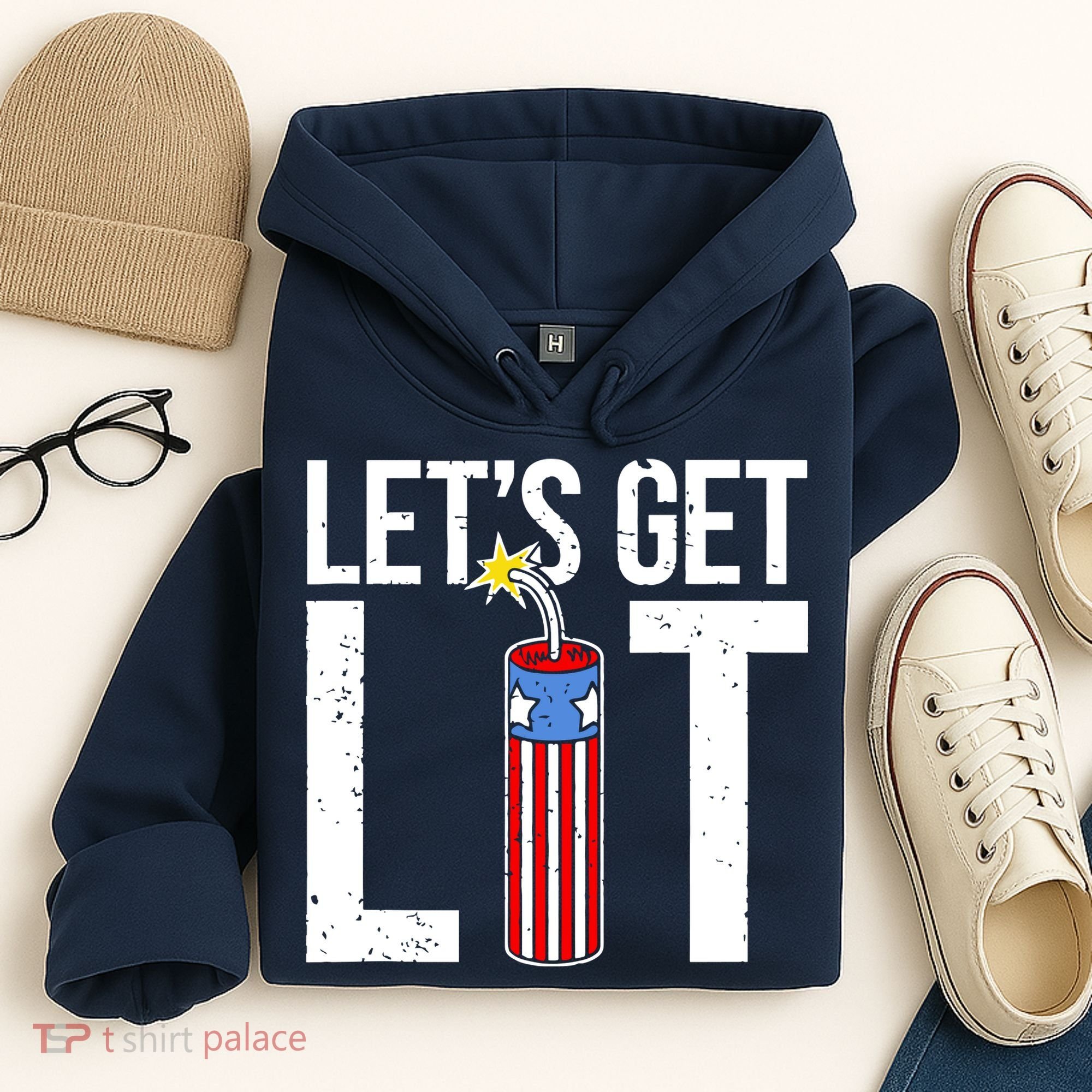 Lets Get Lit Fireworks 4th Of July Merica USA Flag Hoodie