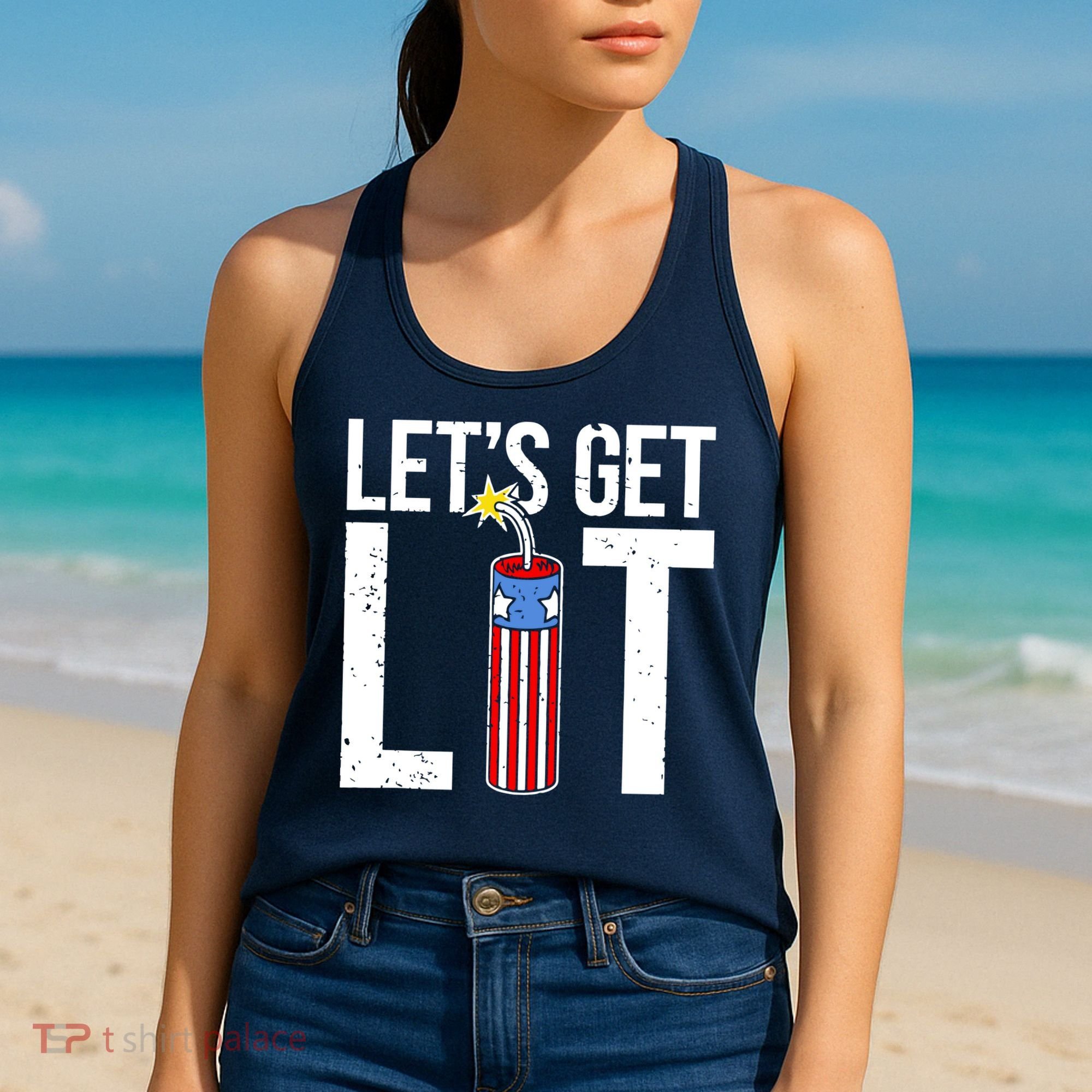 Lets Get Lit Fireworks 4th Of July Merica USA Flag Women's Tank Top