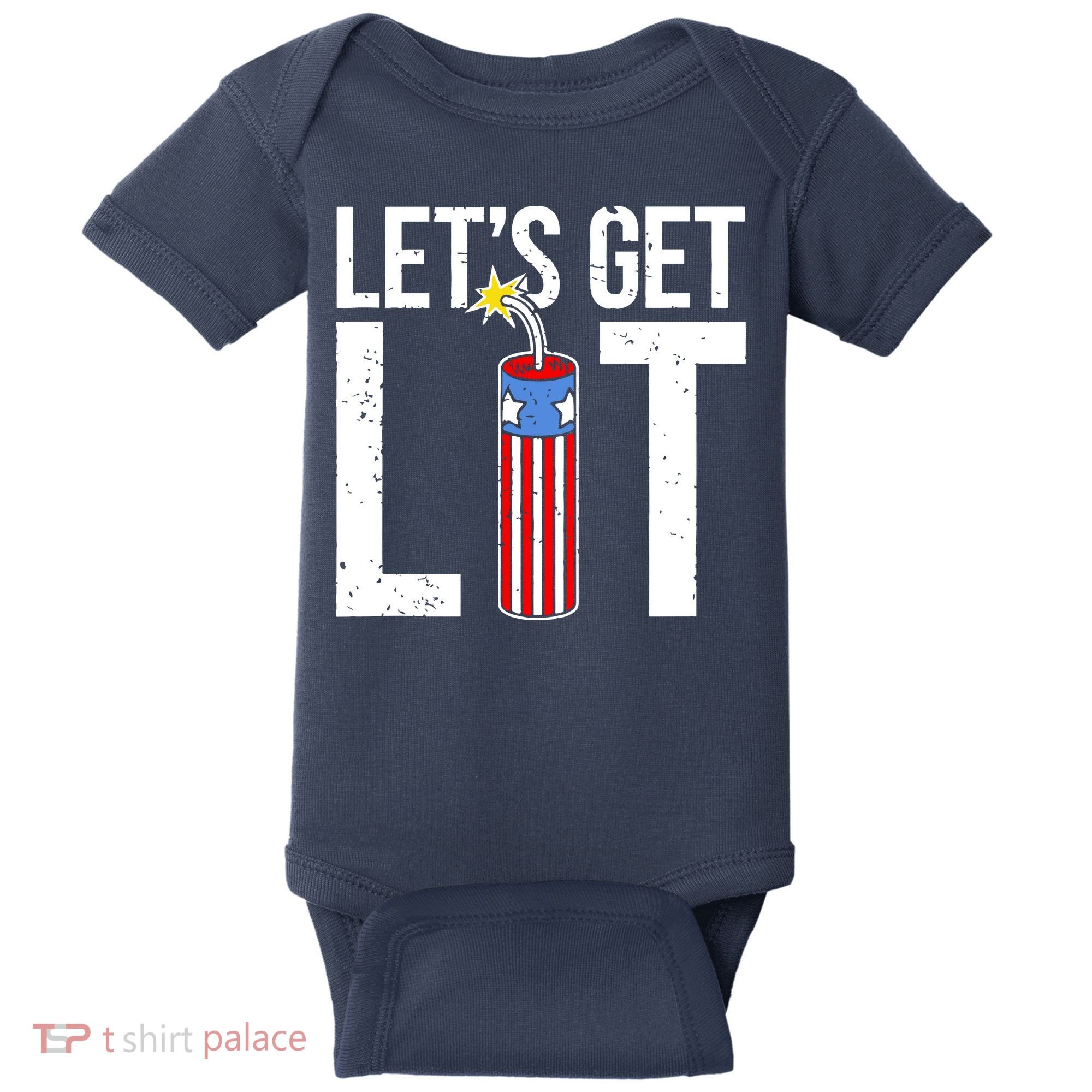 Lets Get Lit Fireworks 4th Of July Merica USA Flag Baby Bodysuit