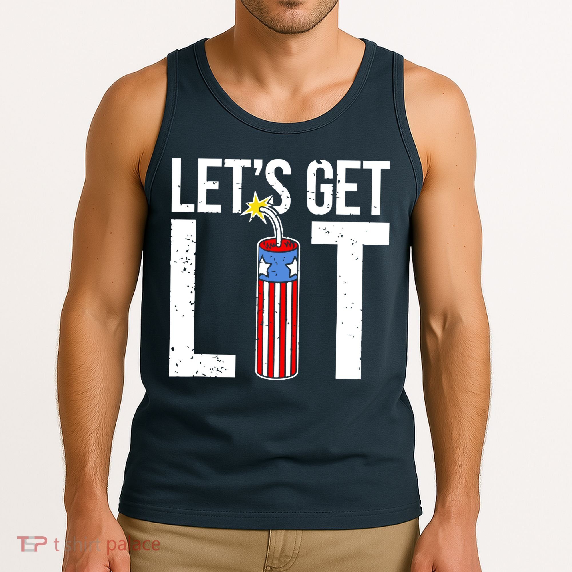 Lets Get Lit Fireworks 4th Of July Merica USA Flag Tank Top