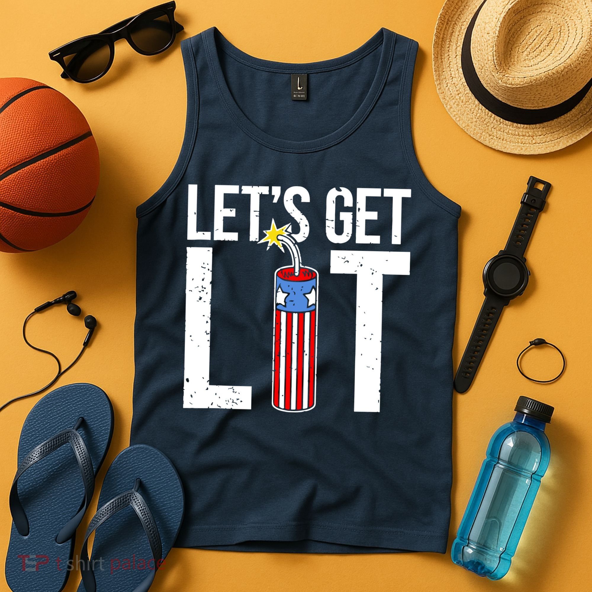 Lets Get Lit Fireworks 4th Of July Merica USA Flag Tank Top