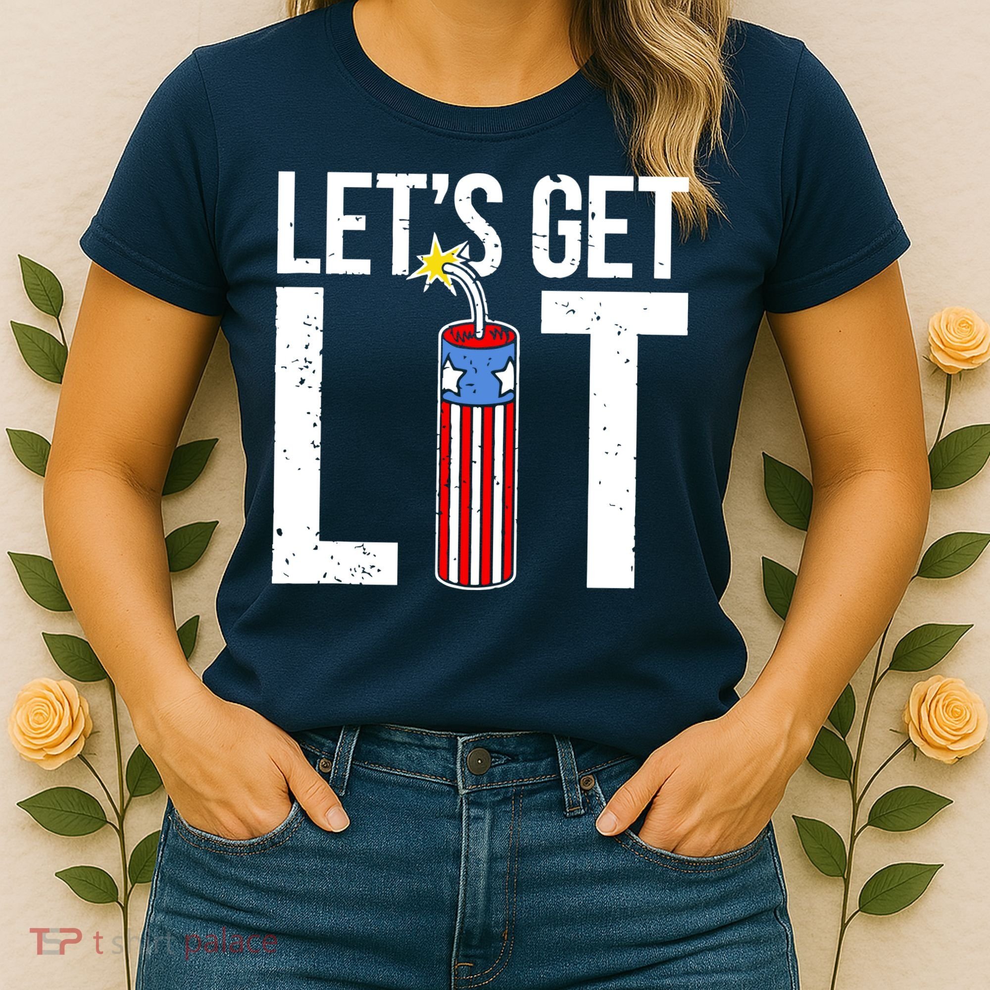 Lets Get Lit Fireworks 4th Of July Merica USA Flag Women's T-Shirt