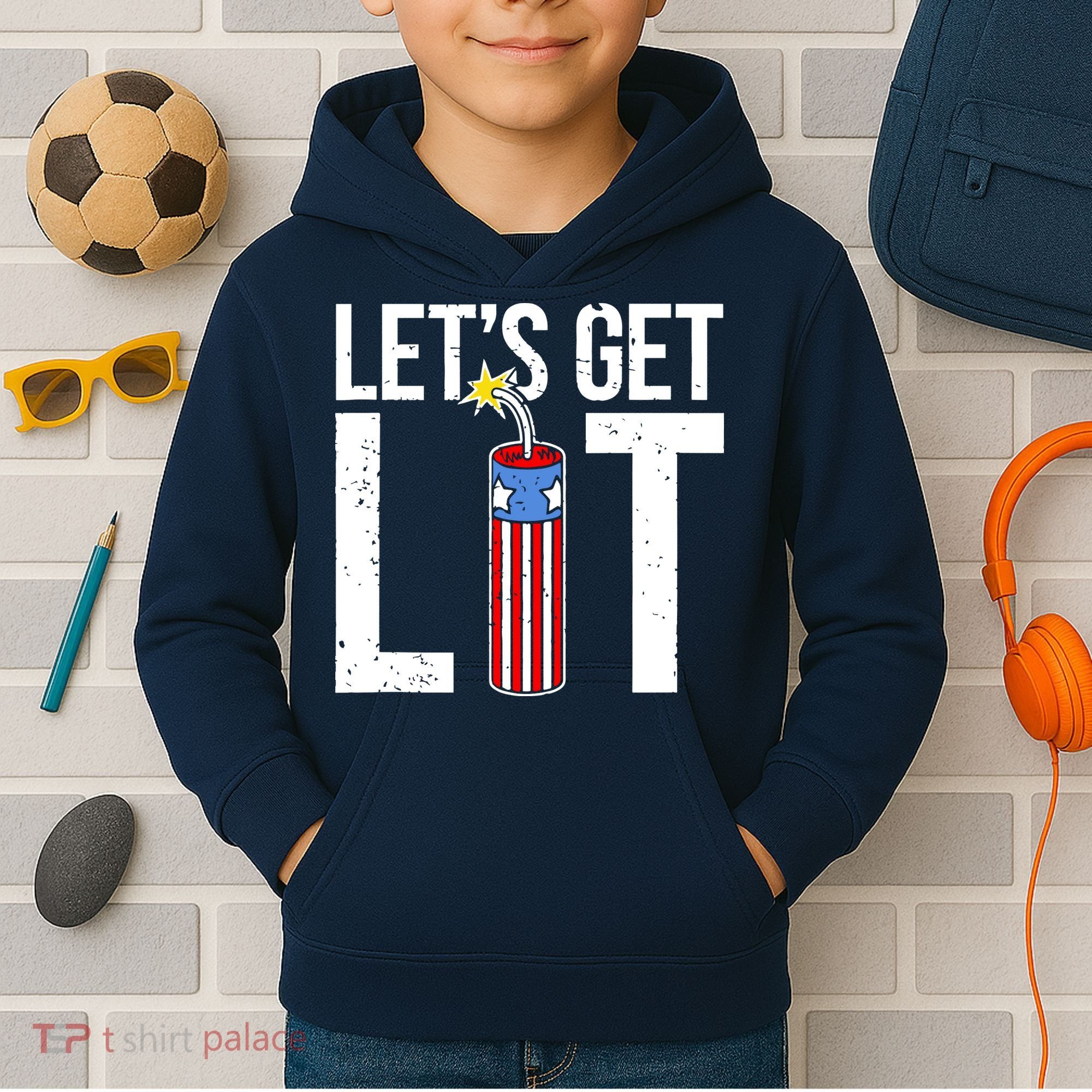 Lets Get Lit Fireworks 4th Of July Merica USA Flag Kids Hoodie
