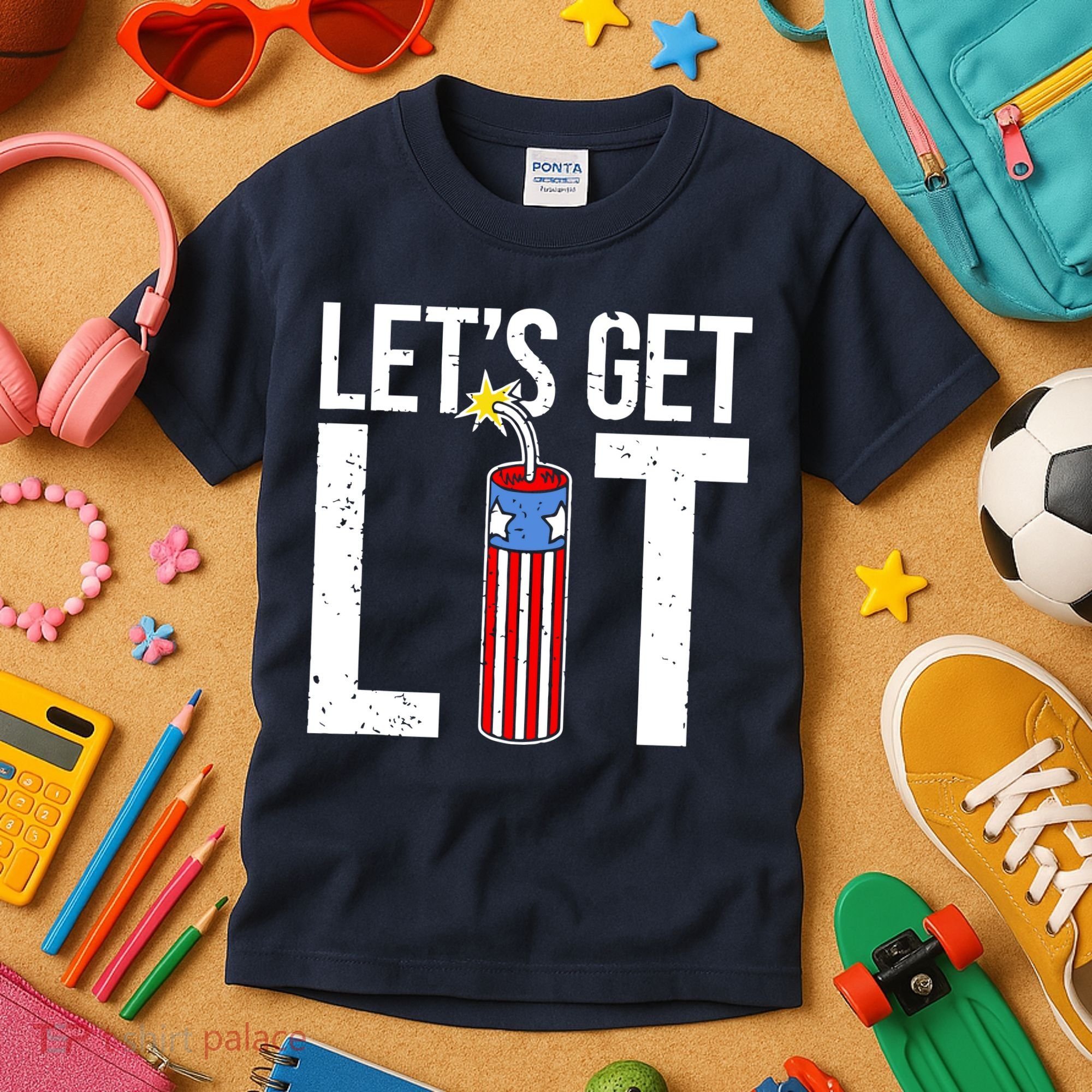 Lets Get Lit Fireworks 4th Of July Merica USA Flag Kids T-Shirt