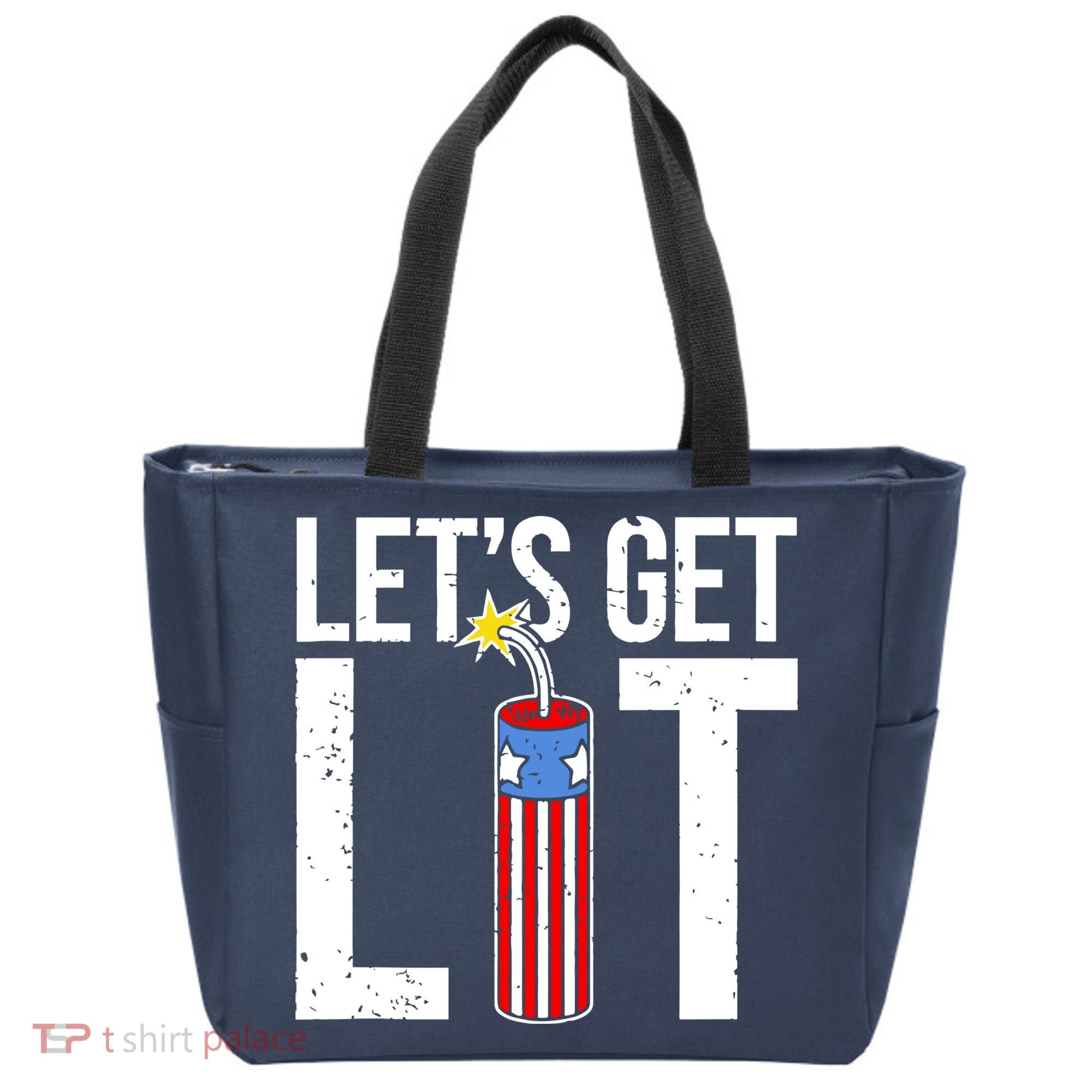 Lets Get Lit Fireworks 4th Of July Merica USA Flag Tote Bag