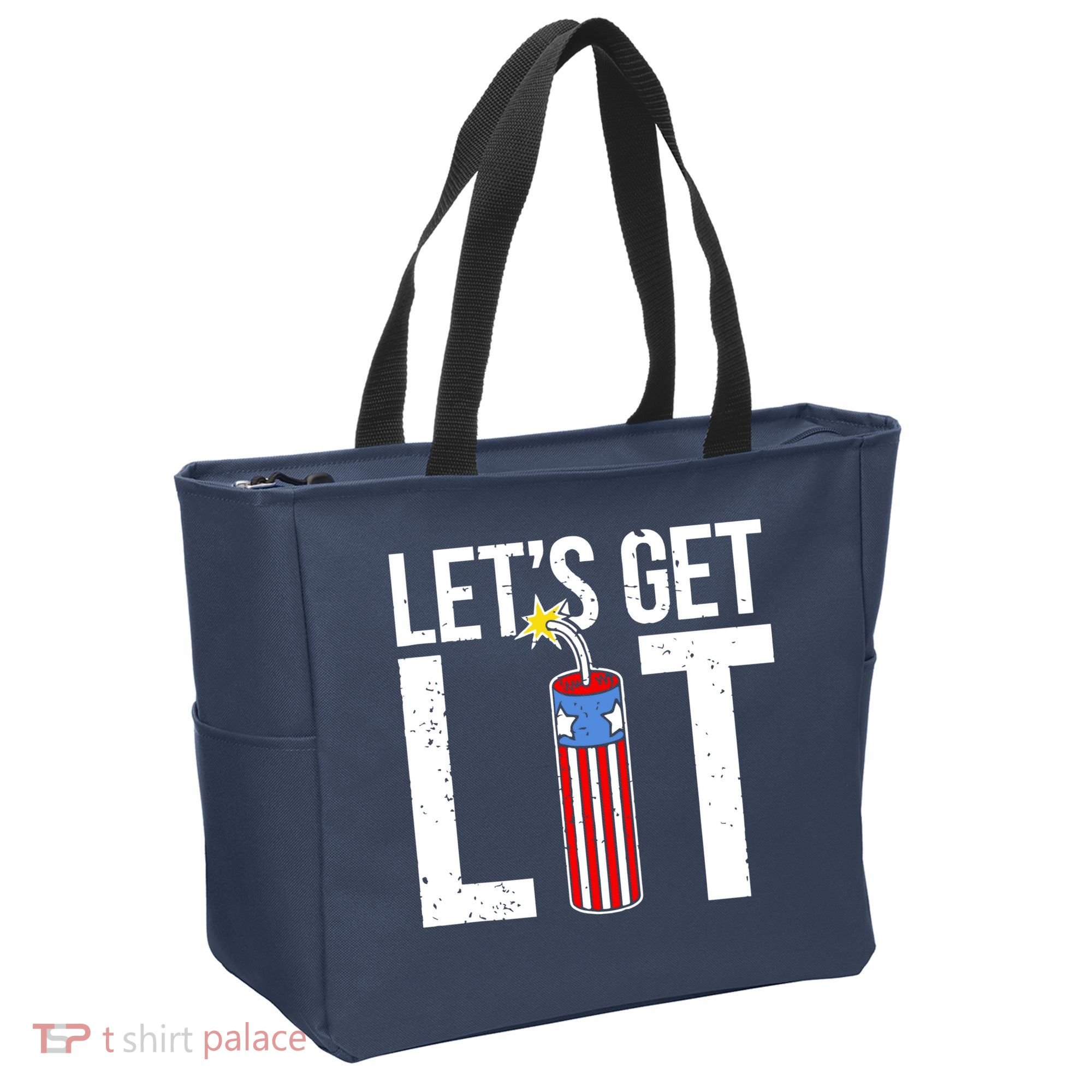 Lets Get Lit Fireworks 4th Of July Merica USA Flag Tote Bag