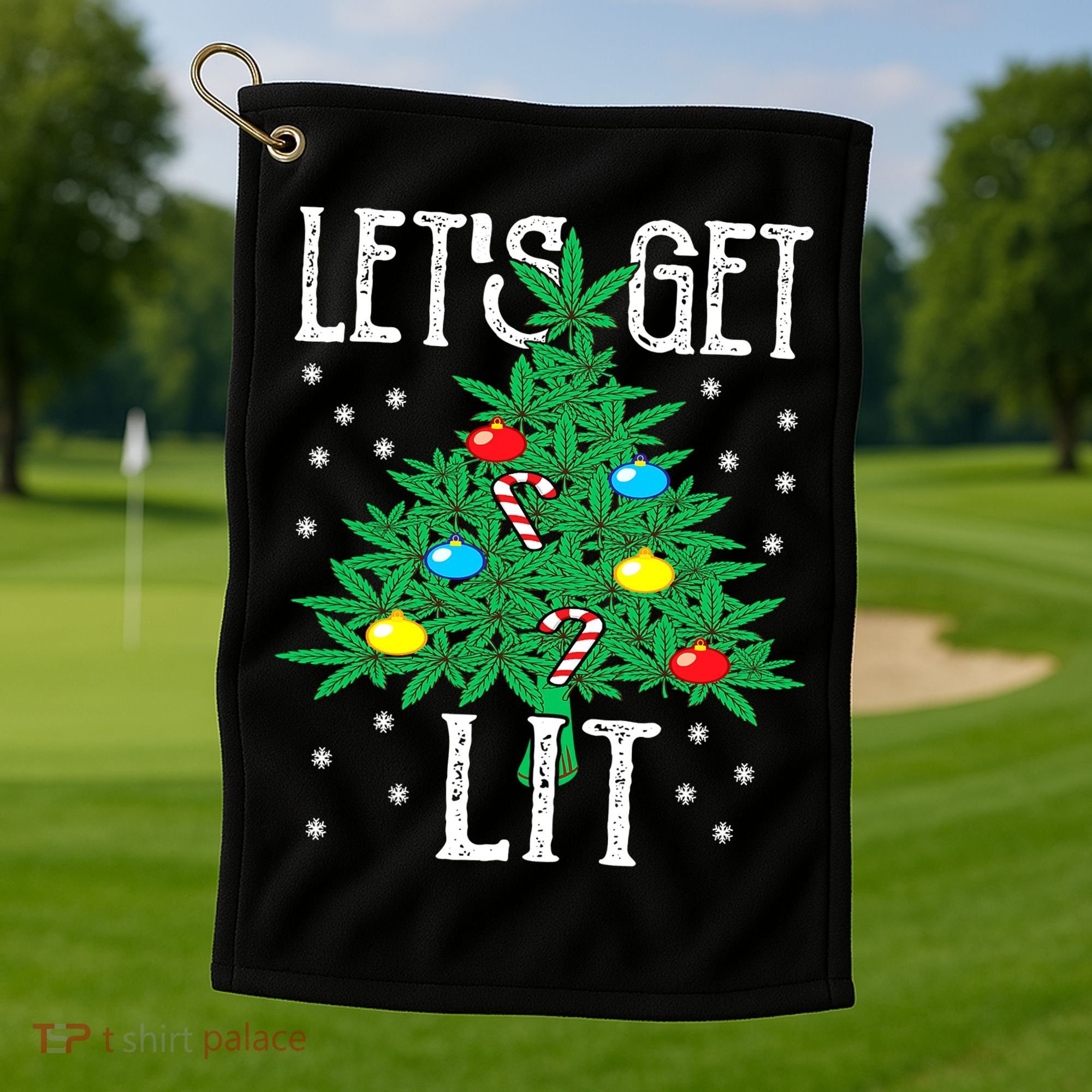 Let's Get Lit Weed X-mas Tree Gift Marijuana Christmas Golf Towel
