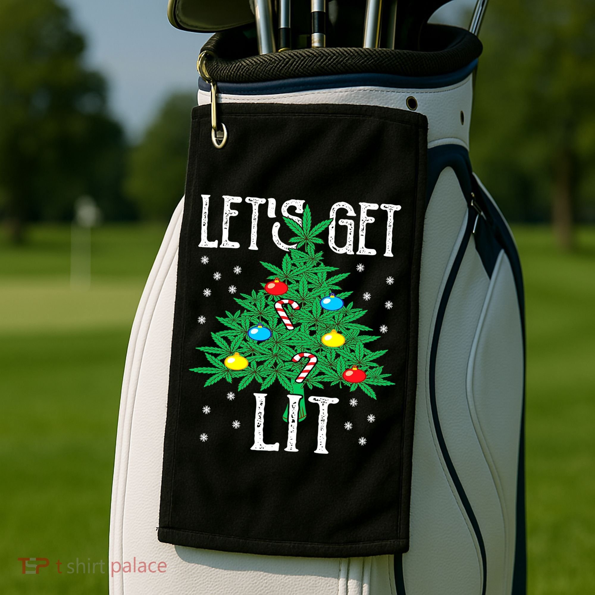 Let's Get Lit Weed X-mas Tree Gift Marijuana Christmas Golf Towel