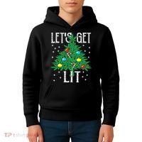Let's Get Lit Weed X-mas Tree Gift Marijuana Christmas Kids Hoodie thumb 4