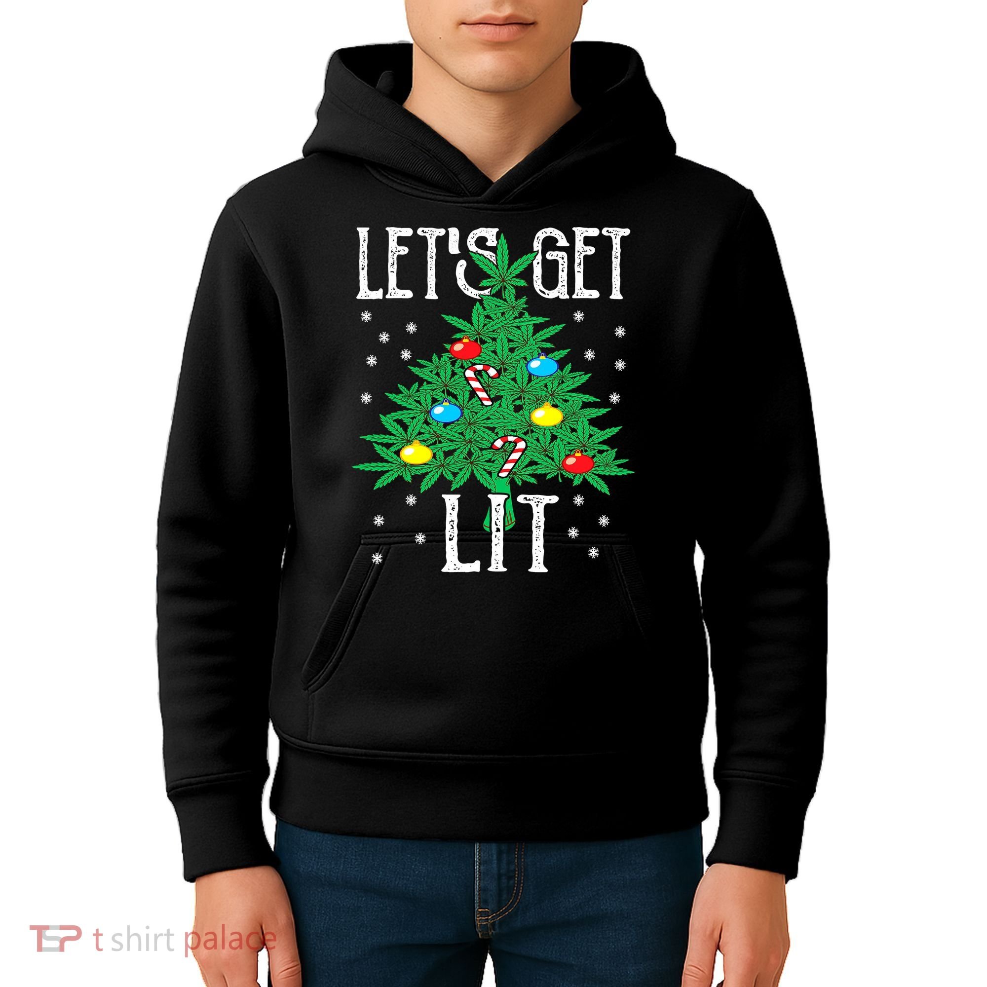 Let's Get Lit Weed X-mas Tree Gift Marijuana Christmas Kids Hoodie