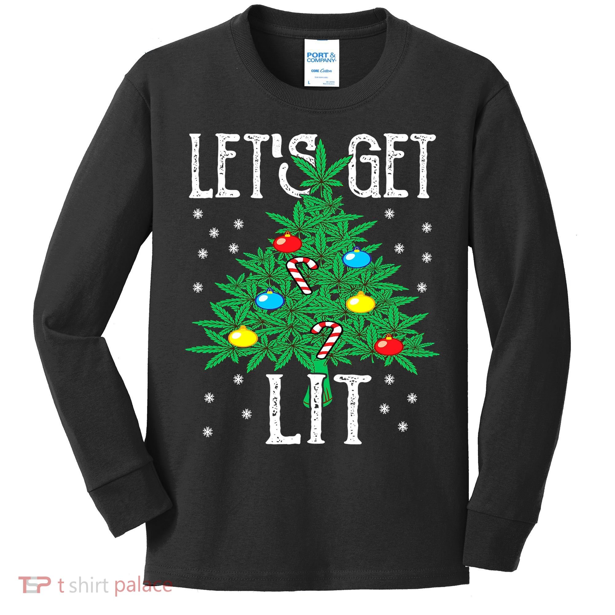 Let's Get Lit Weed X-mas Tree Gift Marijuana Christmas Kids Long Sleeve Shirt