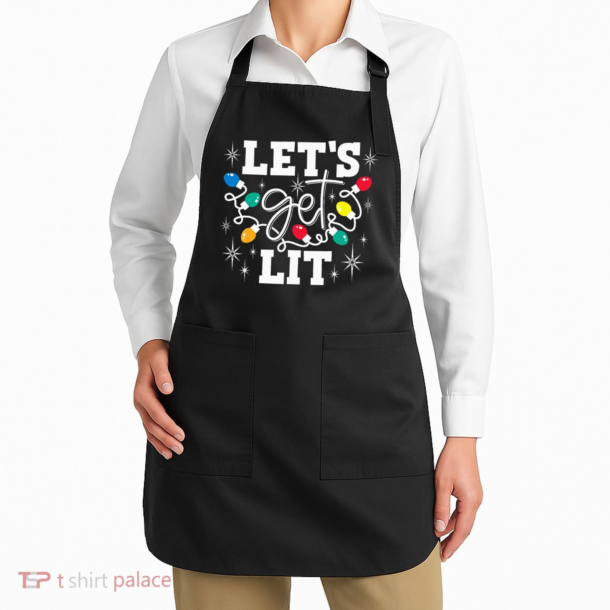 Let's Get Lit Drinking Santa Hat Christmas Lights Funny  Apron
