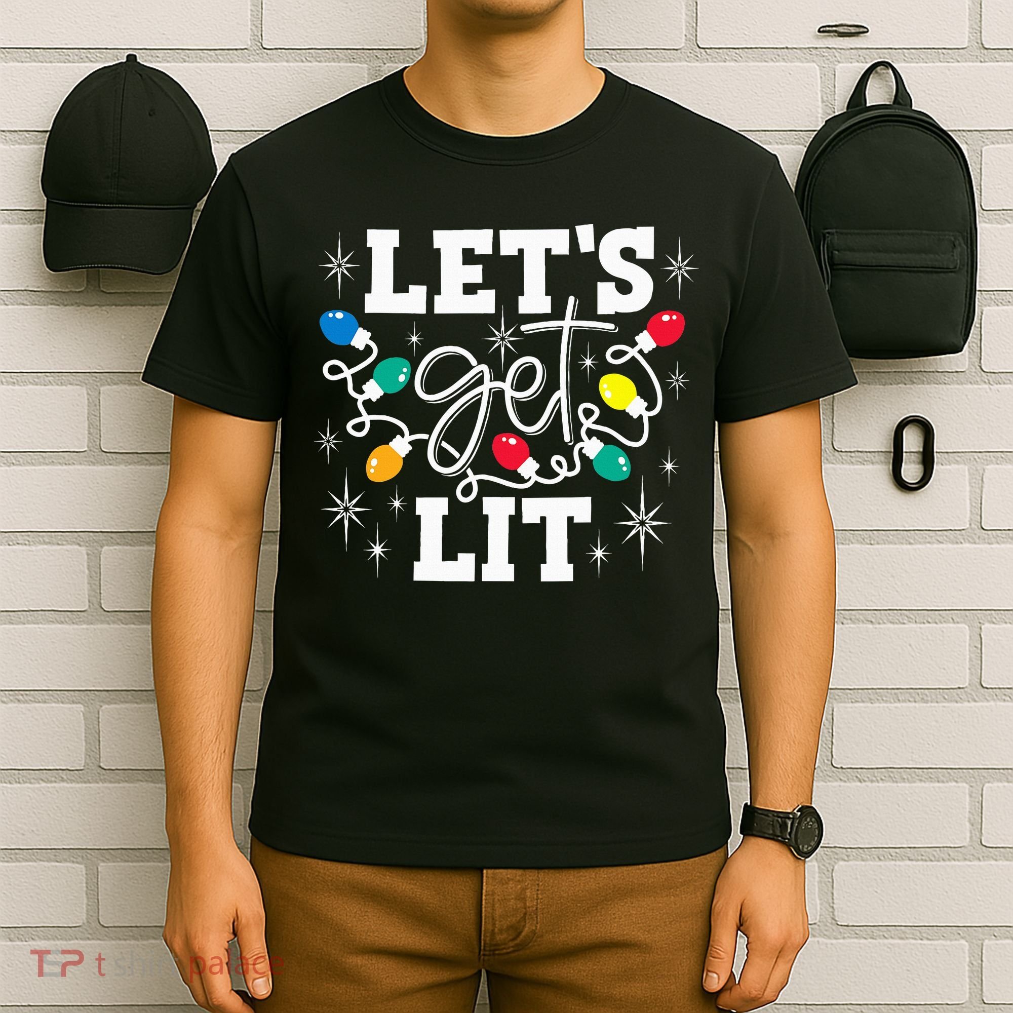 Let's Get Lit Drinking Santa Hat Christmas Lights Funny  T-Shirt