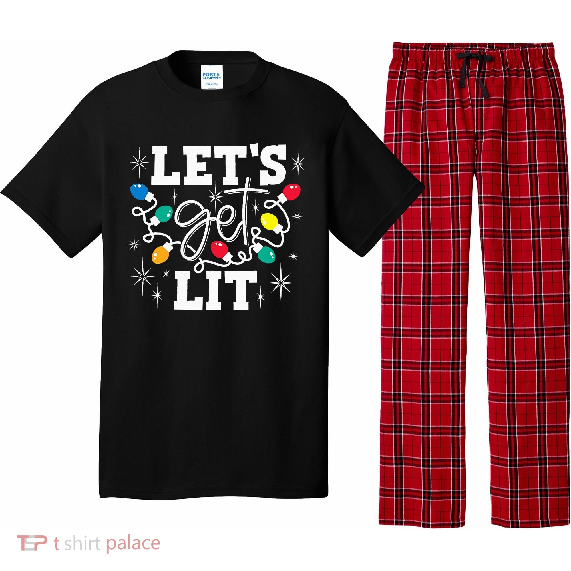 Let's Get Lit Drinking Santa Hat Christmas Lights Funny  Pajama Set