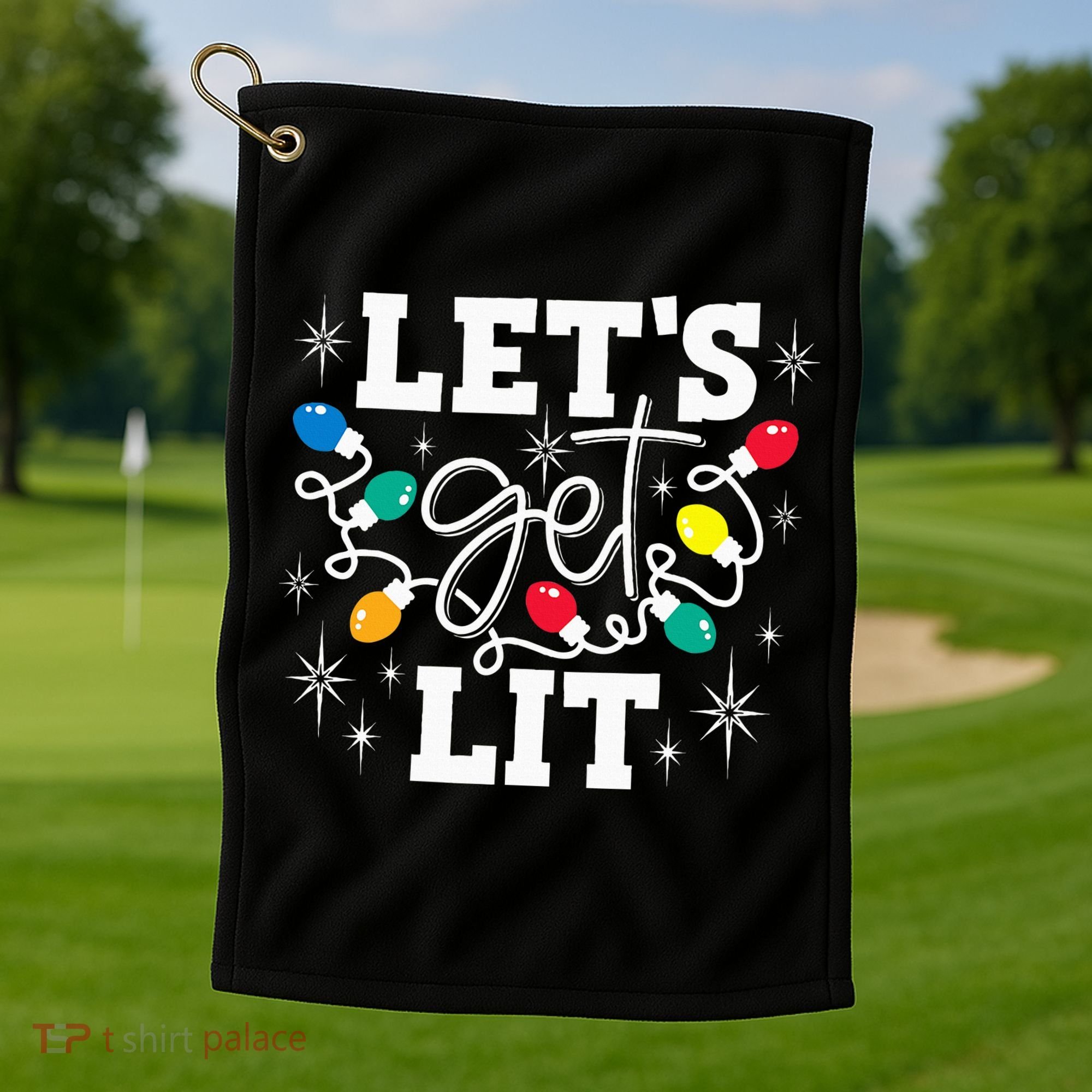 Let's Get Lit Drinking Santa Hat Christmas Lights Funny  Golf Towel