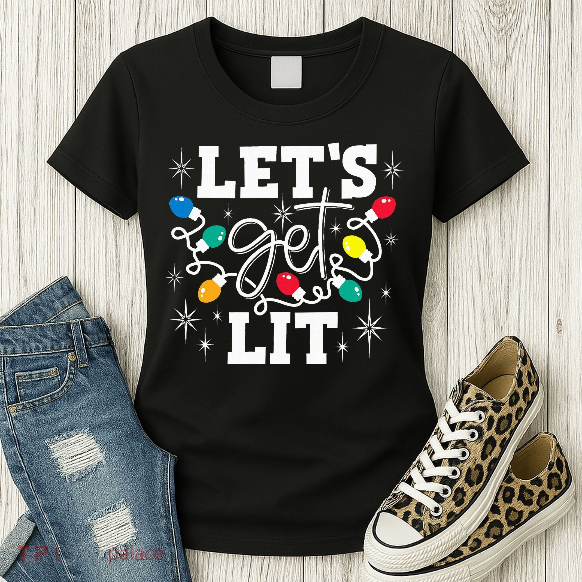 Let's Get Lit Drinking Santa Hat Christmas Lights Funny  Women's T-Shirt