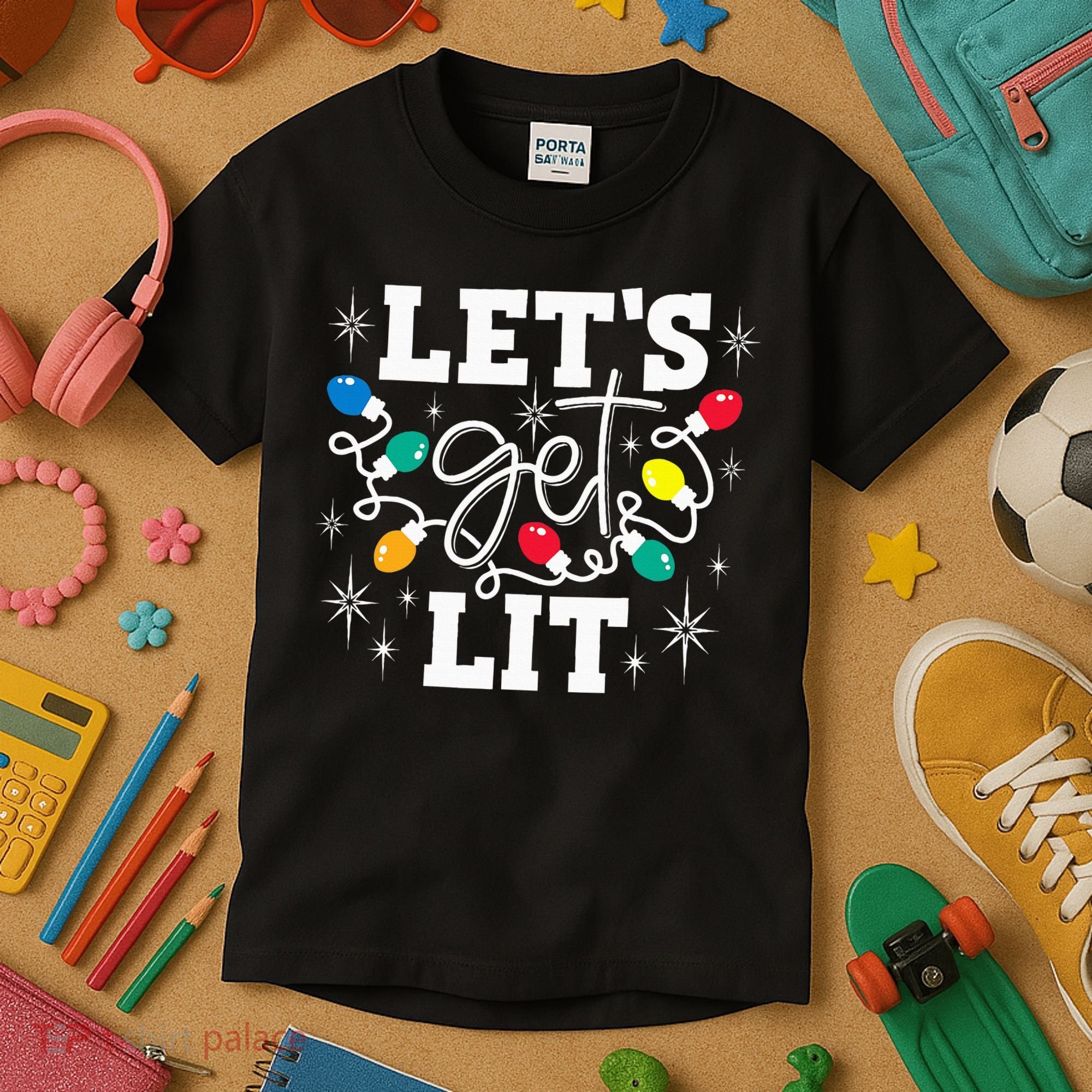 Let's Get Lit Drinking Santa Hat Christmas Lights Funny  Kids T-Shirt