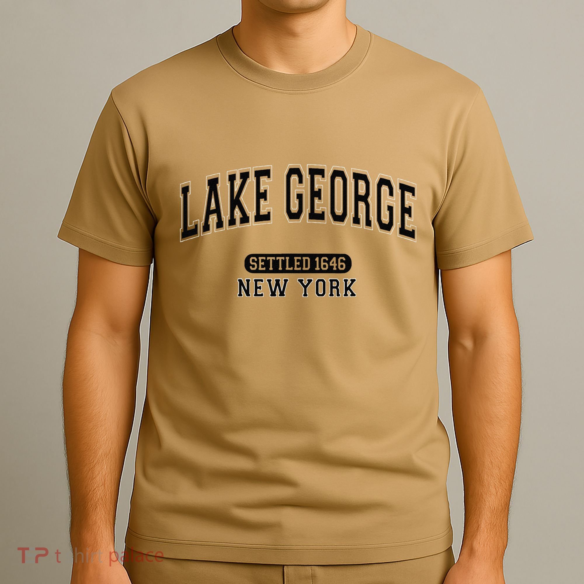 Lake George New York Settled 1646 Arched Varsity Black T-Shirt