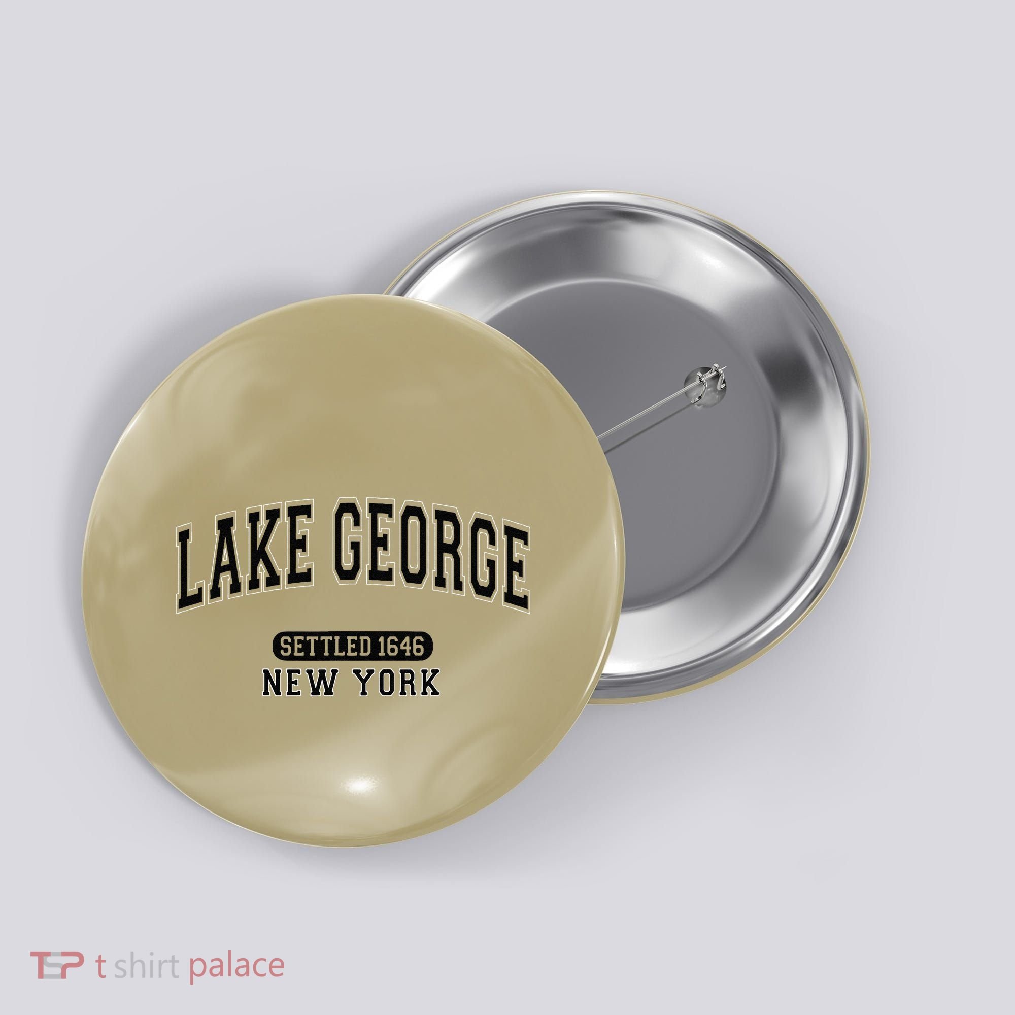Lake George New York Settled 1646 Arched Varsity Black Button